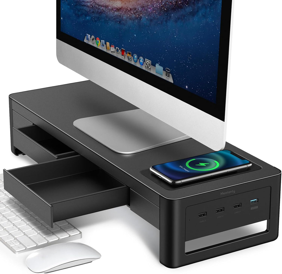 meatanty 3 In 1 Monitor Stand Riser with 2 Drawers,1 Wireless Charging Module...