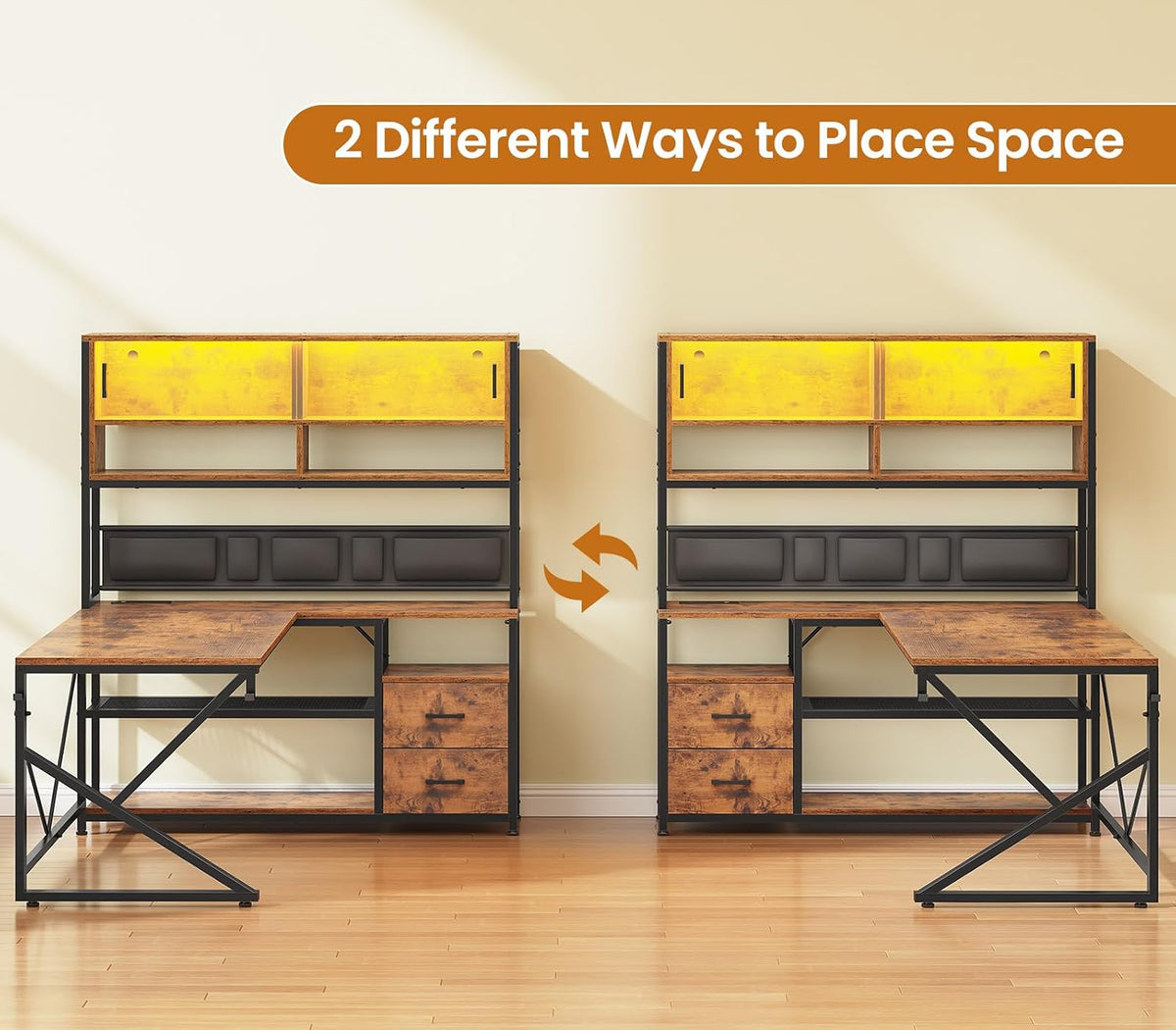 SEDETA L Shaped Office Desk with Storage Shelves, 2 Drawer, LED Light