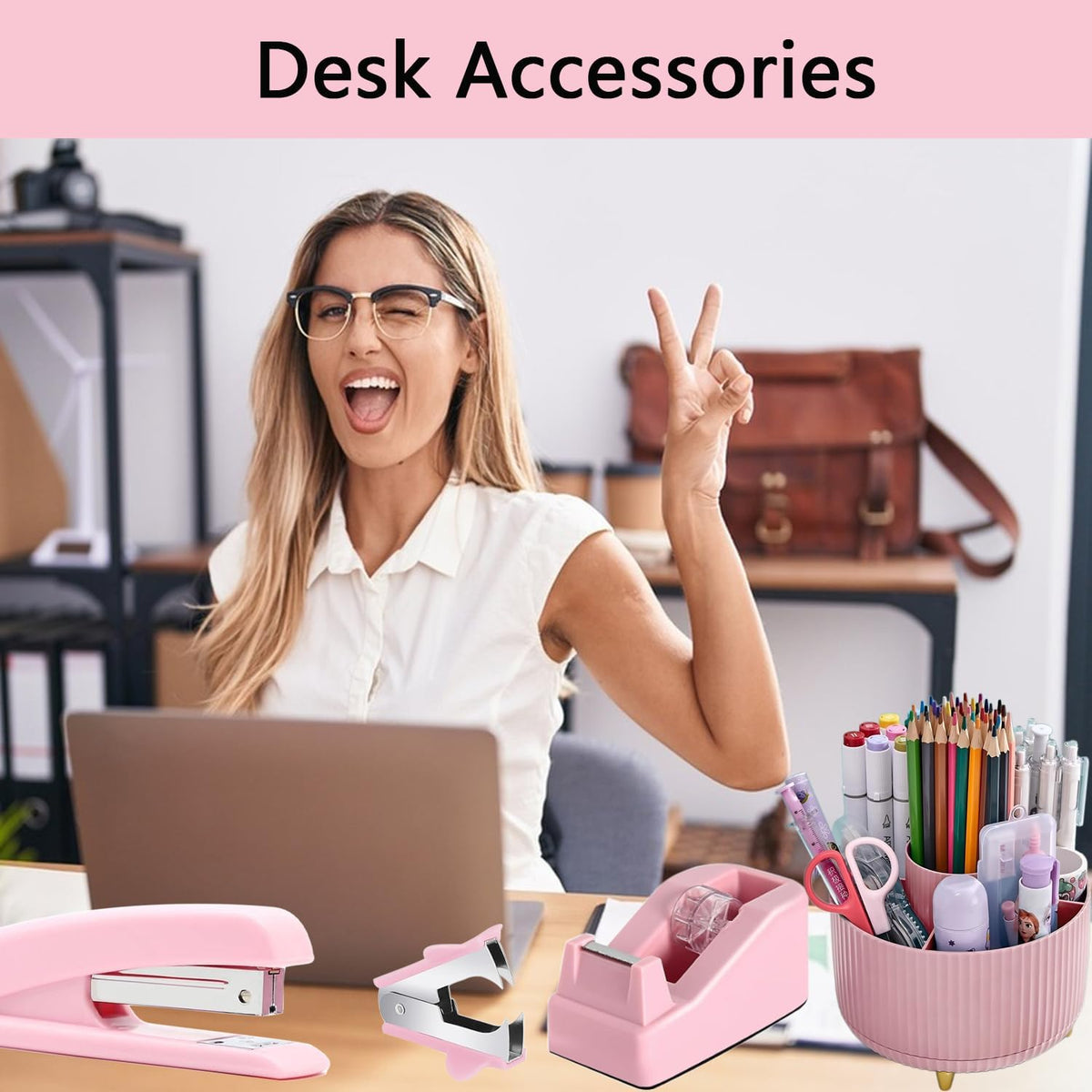 Office Supplies,Pink Desk Accessories,Desk Organizer,Stapler,Tape Dispenser,F...
