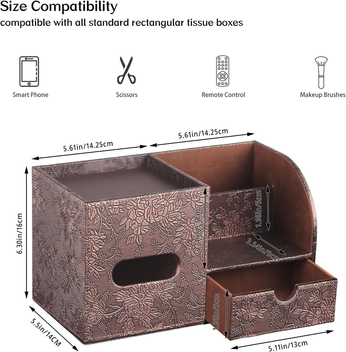 PU Leather Tissue Box Cover Square with Drawer Storage and Tray on Top
