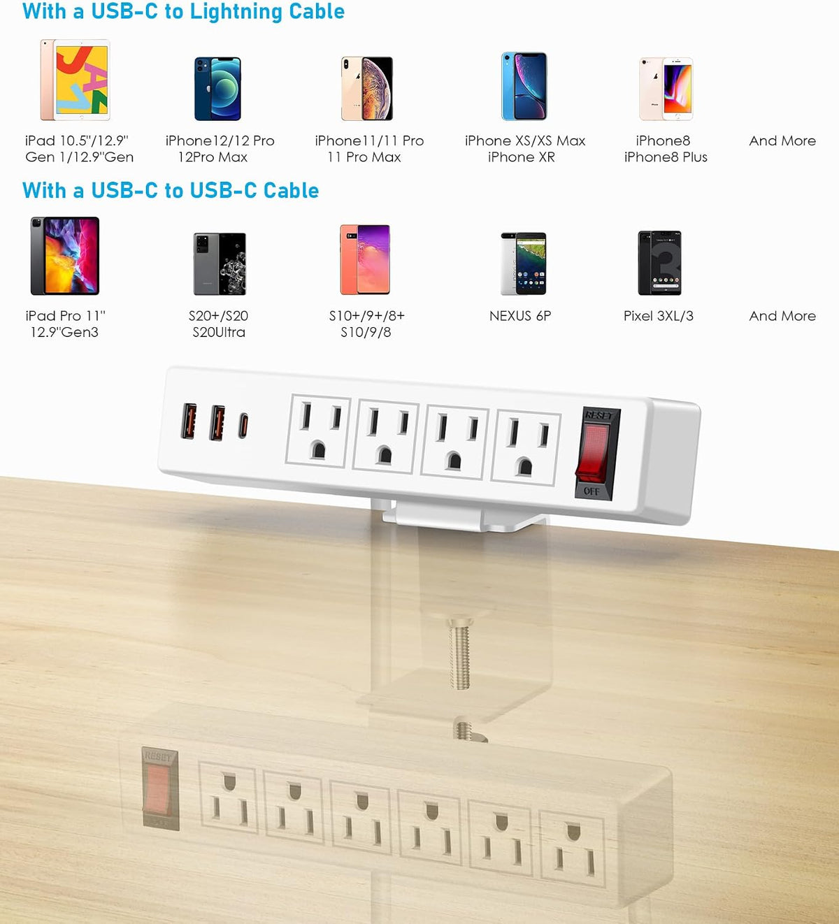 VILONG Desk Clamp Dual Layer Power Strip, 20W USB-C, 700J Surge Protector