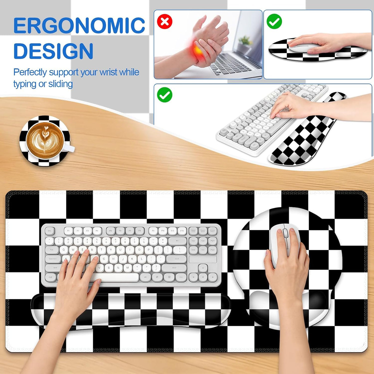 AIMSA Checkered Keyboard Mouse Pad Wrist Rest Set, Black XXL Large Mouse Pad ...