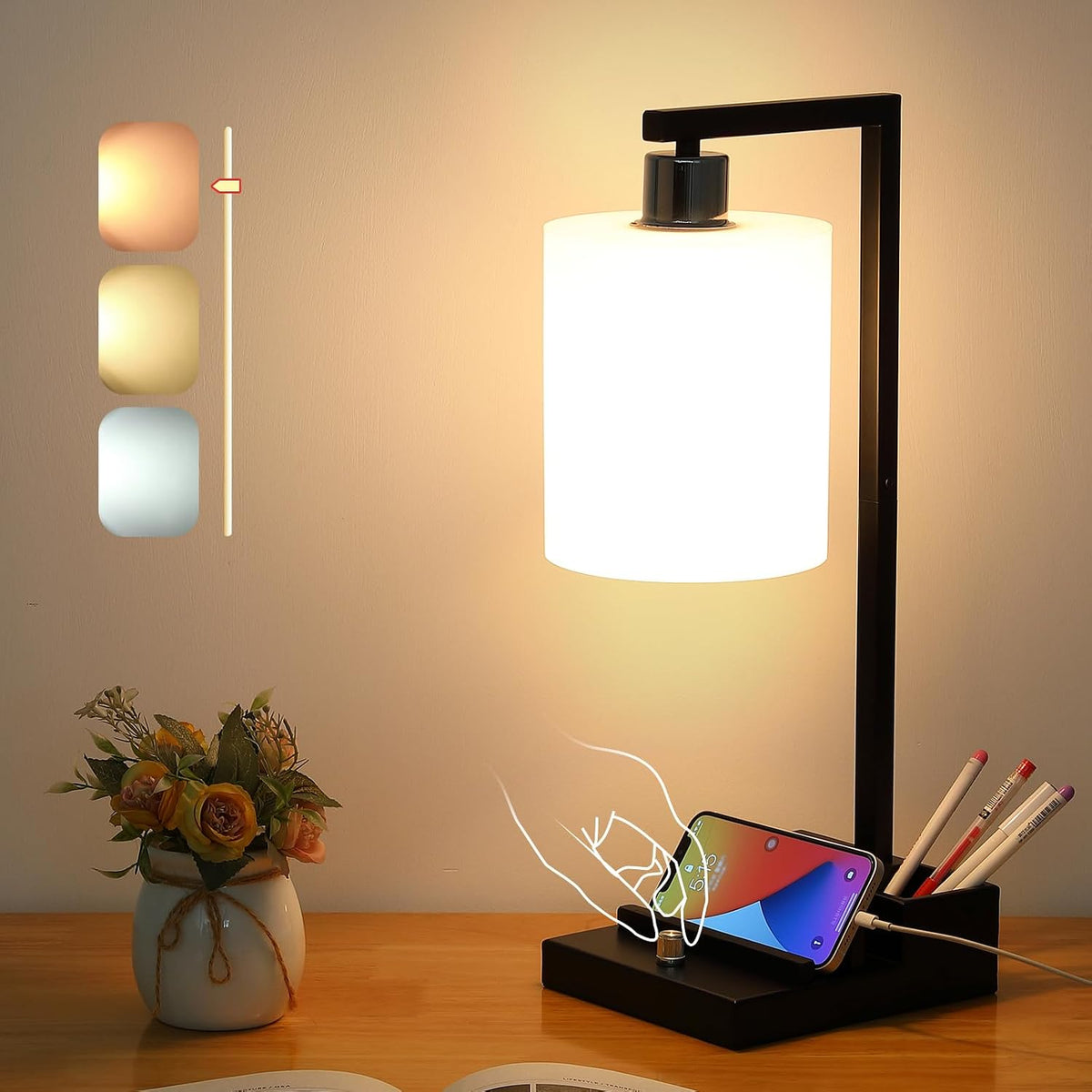 Bedroom Lamps for Nightstand, 3 Color Temperature Nightstand Lamp Bedside Lam...