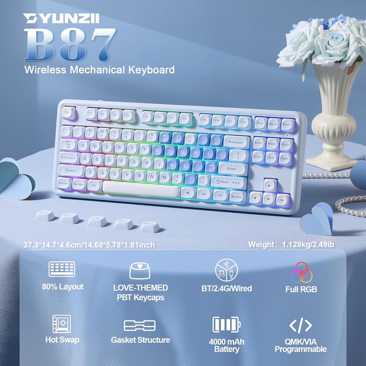 YUNZII B87 TKL Wireless Mechanical Keyboard (Blue Heart,Milk Switch)