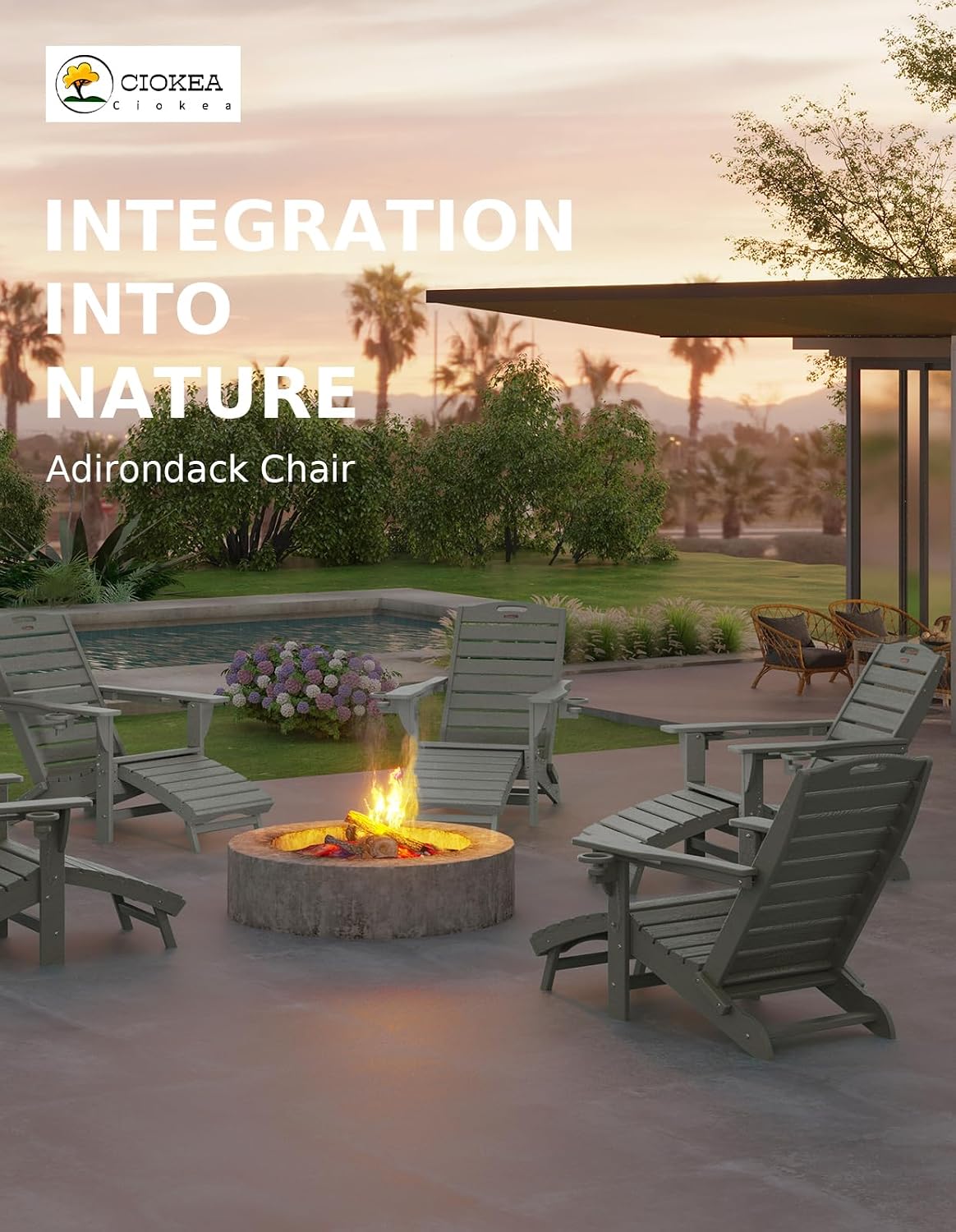 Ciokea HDPE Folding Adirondack Chair with Footrest,Grey,1