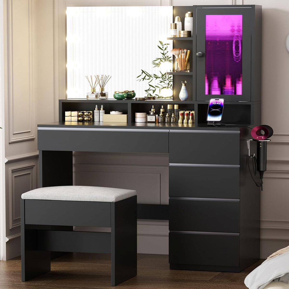 ERLEJIA Vanity Desk with Mirror and Lights & Extral Foldable Desk, 31.5&q...