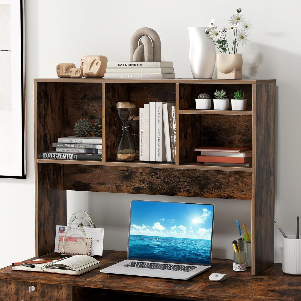 GOFLAME 4 Cubes Desktop Bookshelf, 37” Tabletop Wood Desk Shelf for Computer ...