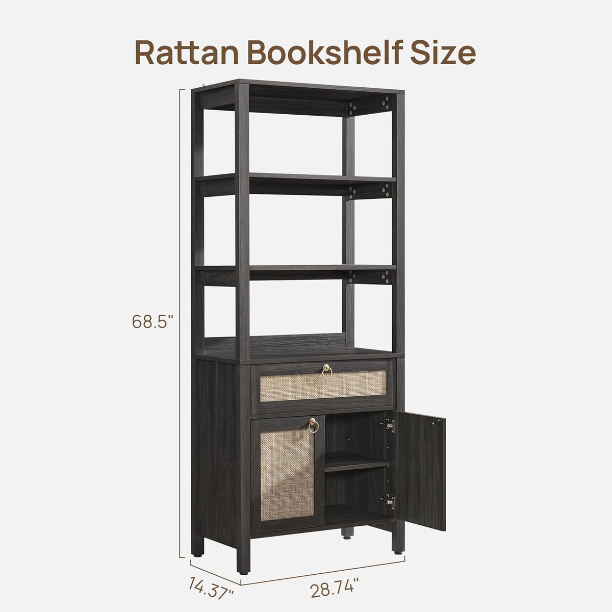 SICOTAS 68.5" Tall Boho Rattan Bookshelf with Drawer and Storage Doors