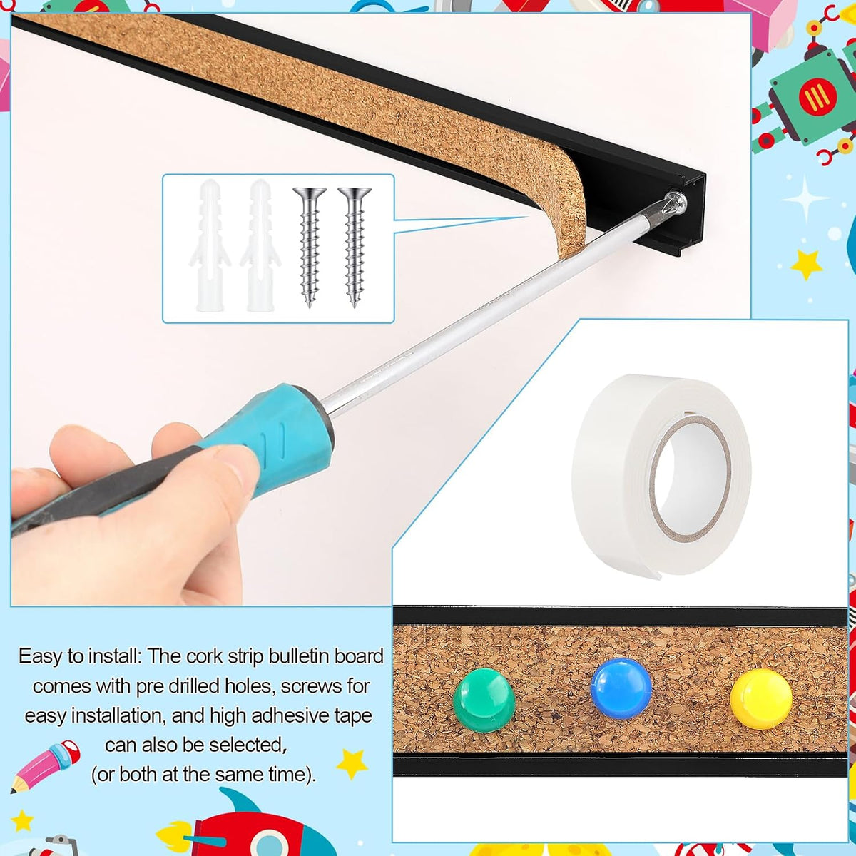 Threehoney 5 Pcs Cork Board Strip for Wall Cork Strips, 48'' x 1"