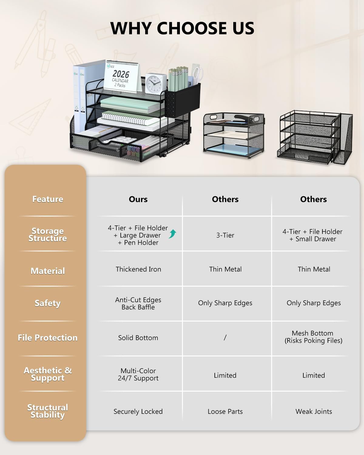 WALI Desk File Organizer, 4 Tier Desktop Paper Letter Tray Organizer with Dra...