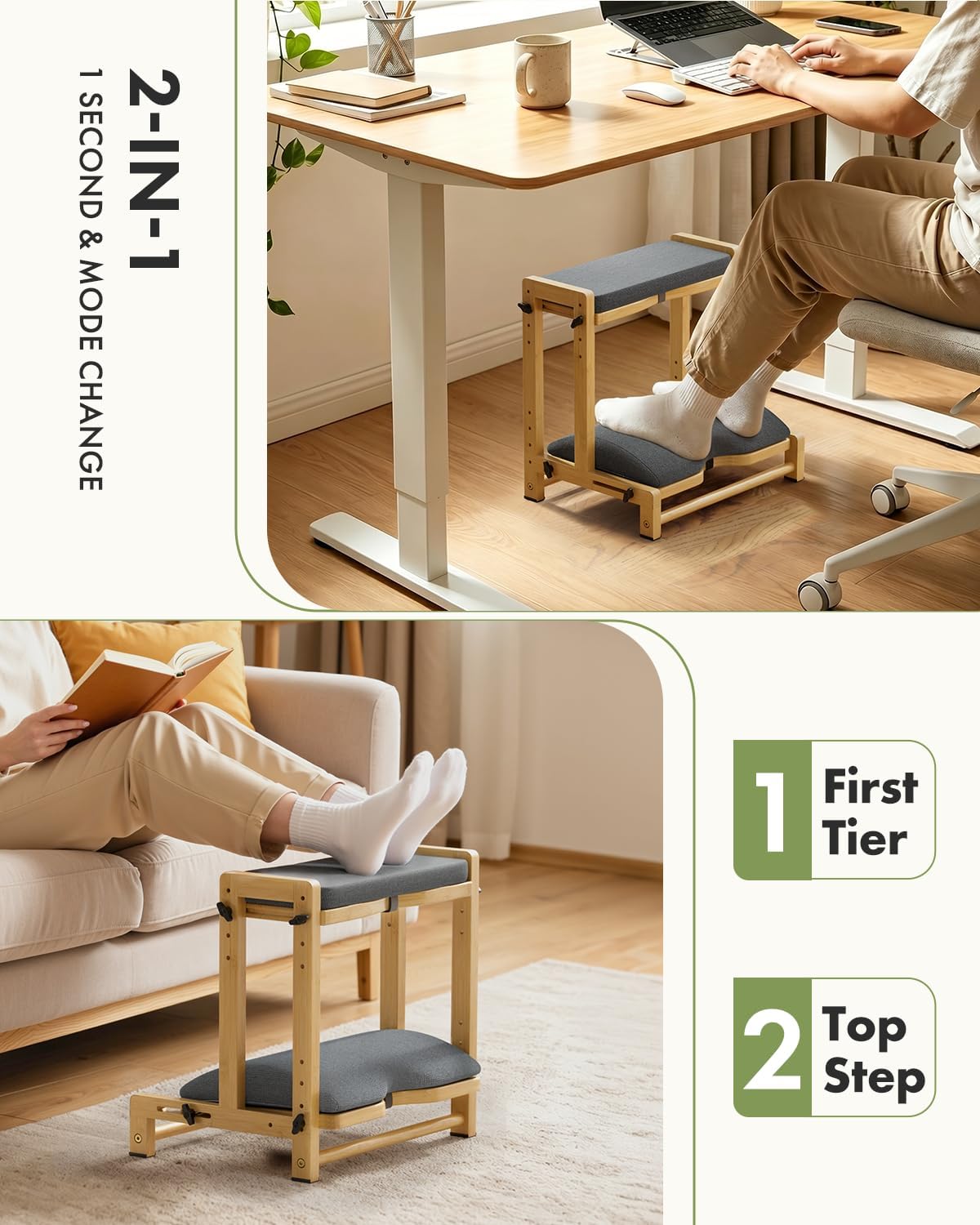 Amazer Double Step Foot Rest for Under Desk, 4 Adjustable Heights Bamboo Unde...