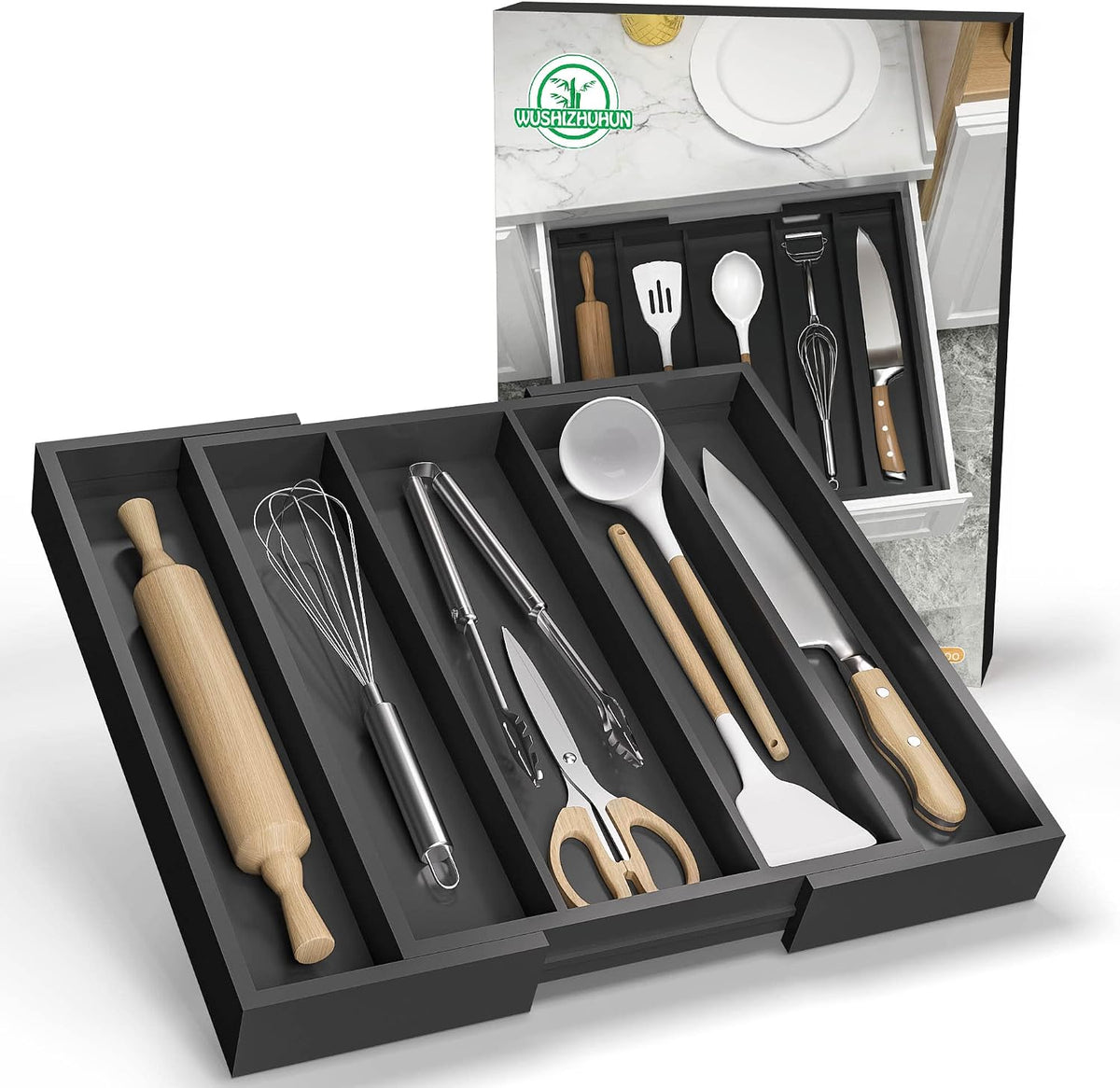 Kitchen Utensil Organizer Silverware Tray - Bamboo Flatware Organizer Expanda...