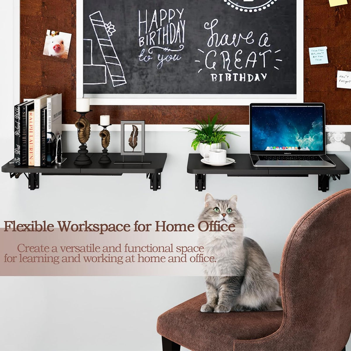 TEAMIX Wall Mounted Folding Table, Black Floating Desk for Small Spaces
