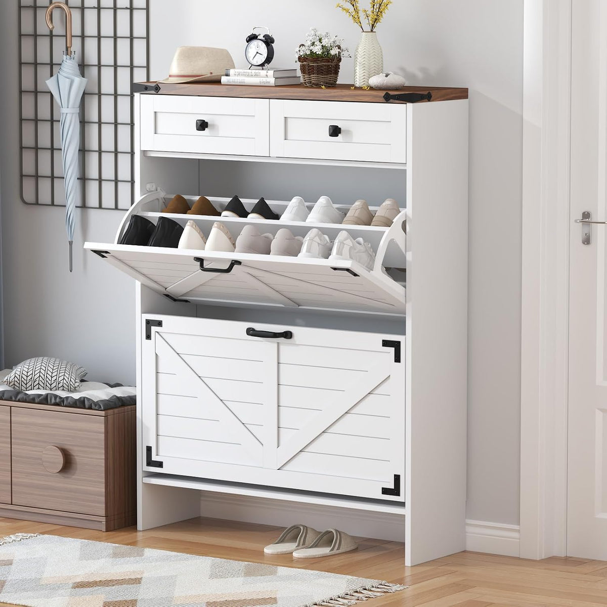 Shoe Cabinet with 2 Flip Drawers, Hidden Shoe Storage Cabinet with 2 Pull-Out...