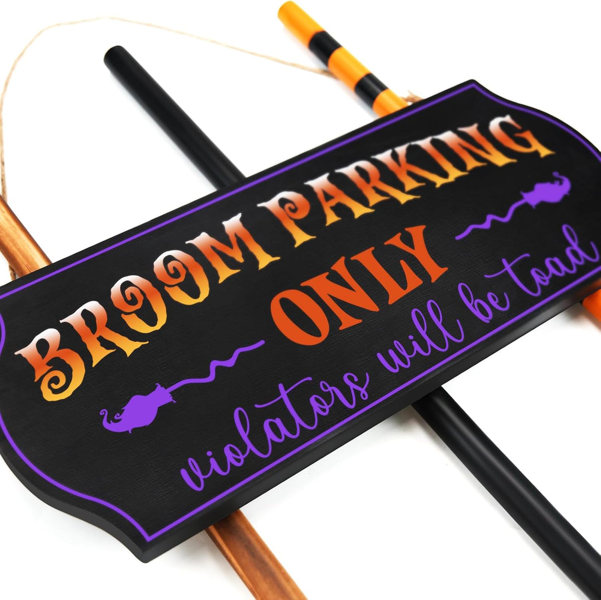 Halloween Decorations - Broom Parking Sign with 3 Wooden Witches Brooms