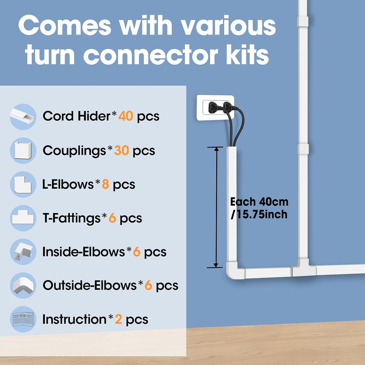630in Cord Hider Kit, Paintable Cable Raceway, Cord Covers for Wires on Wall,...