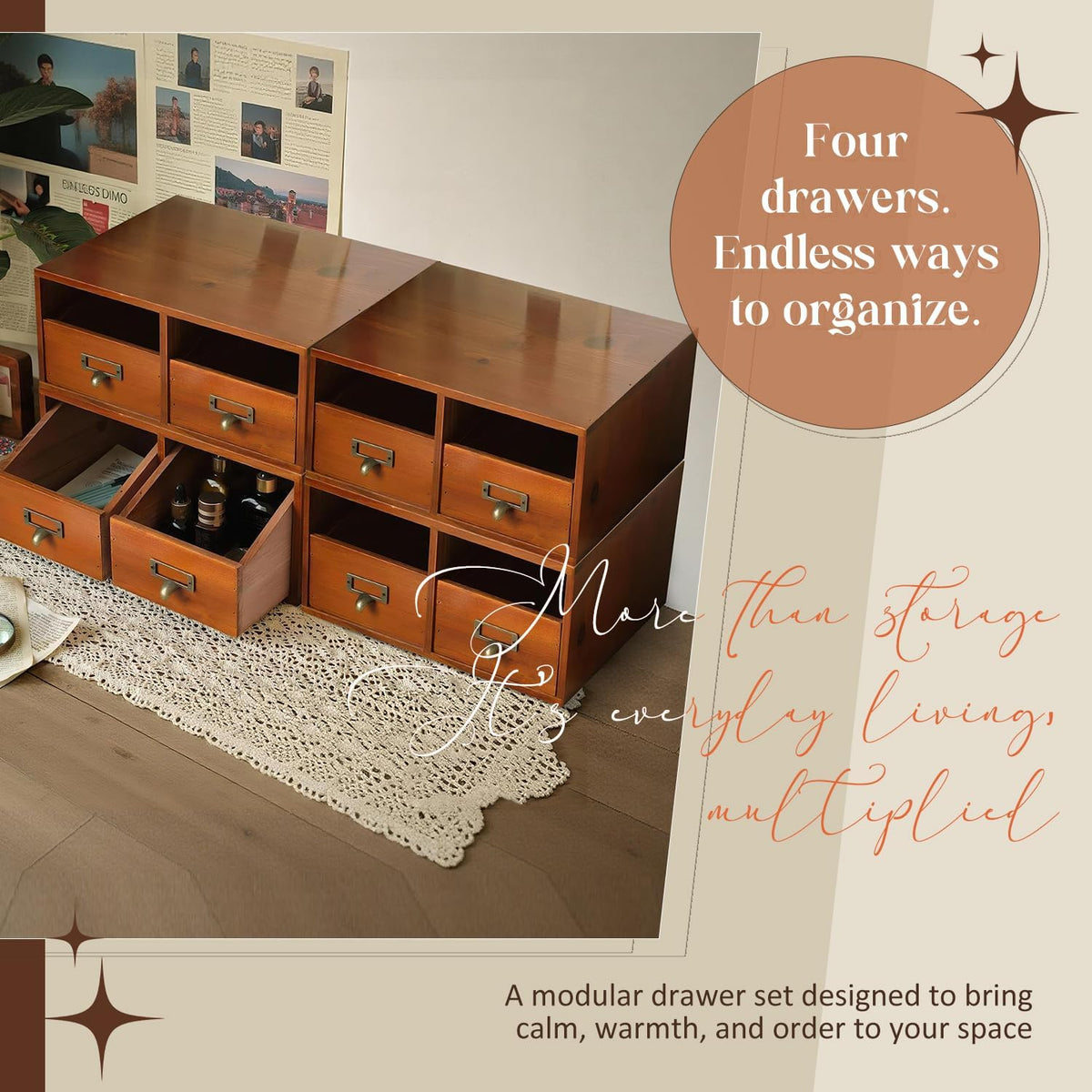 4-Pack Wide Wooden Desktop Drawer Organizer with Brass Label Holders - Horizo...