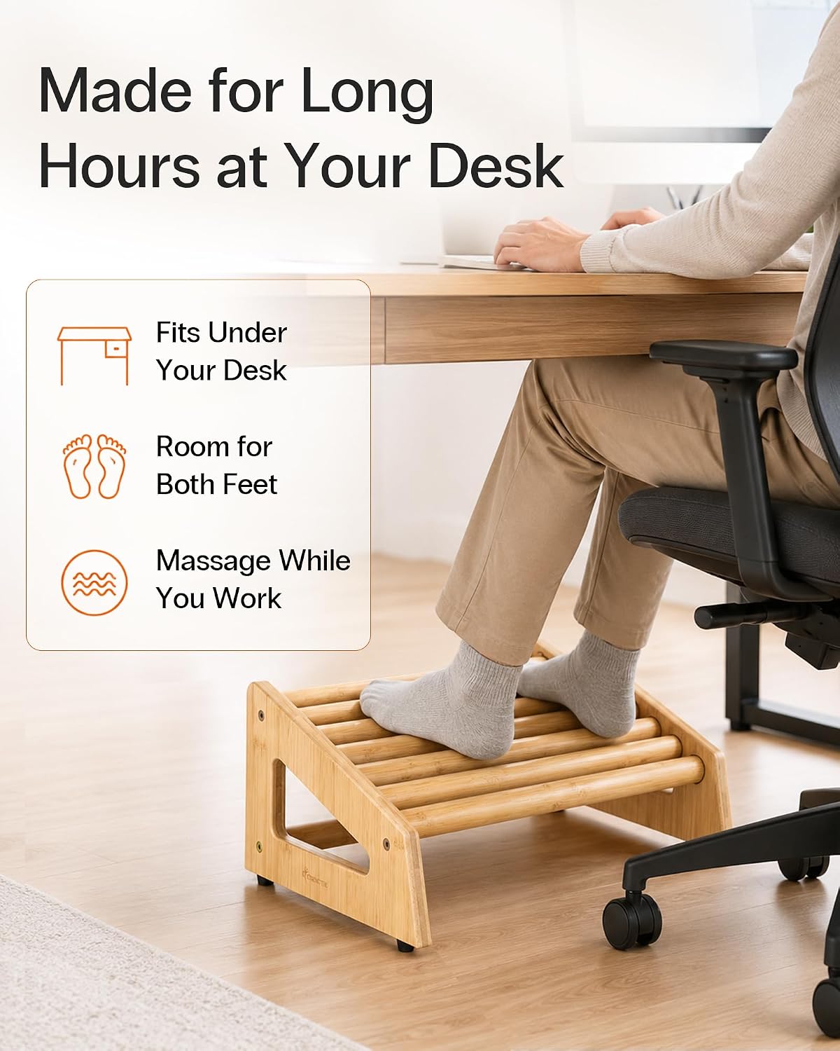 StrongTek Bamboo Foot Rest Under Desk, Ergonomic Rolling Footrest