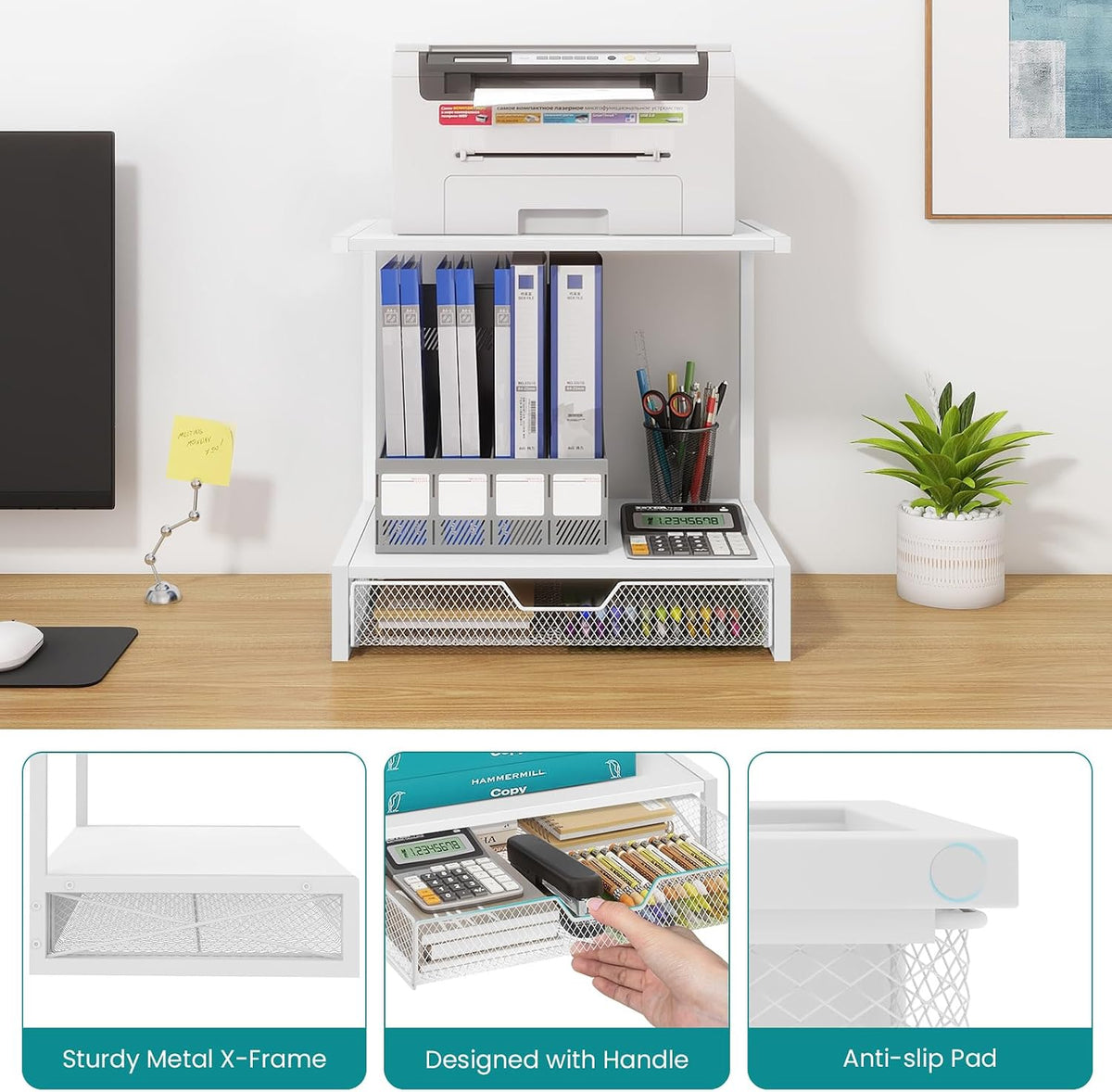 ELITEROO Printer Stand for Desk with Storage Drawer, 2 Tier Desk Shelf