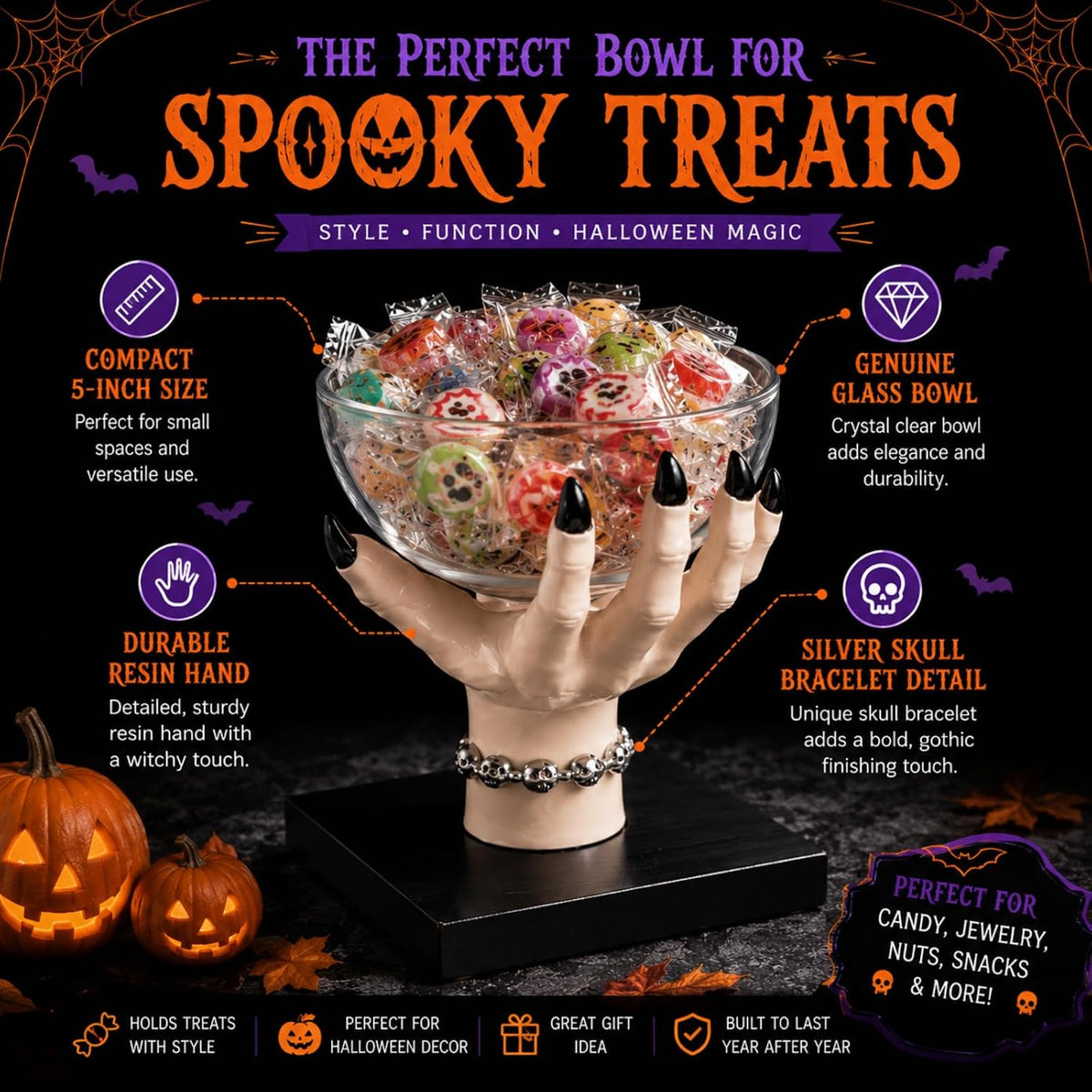 Halloween Witch Hand Candy Bowl Stand Resin Solid Snack Dish Trick Or Treat
