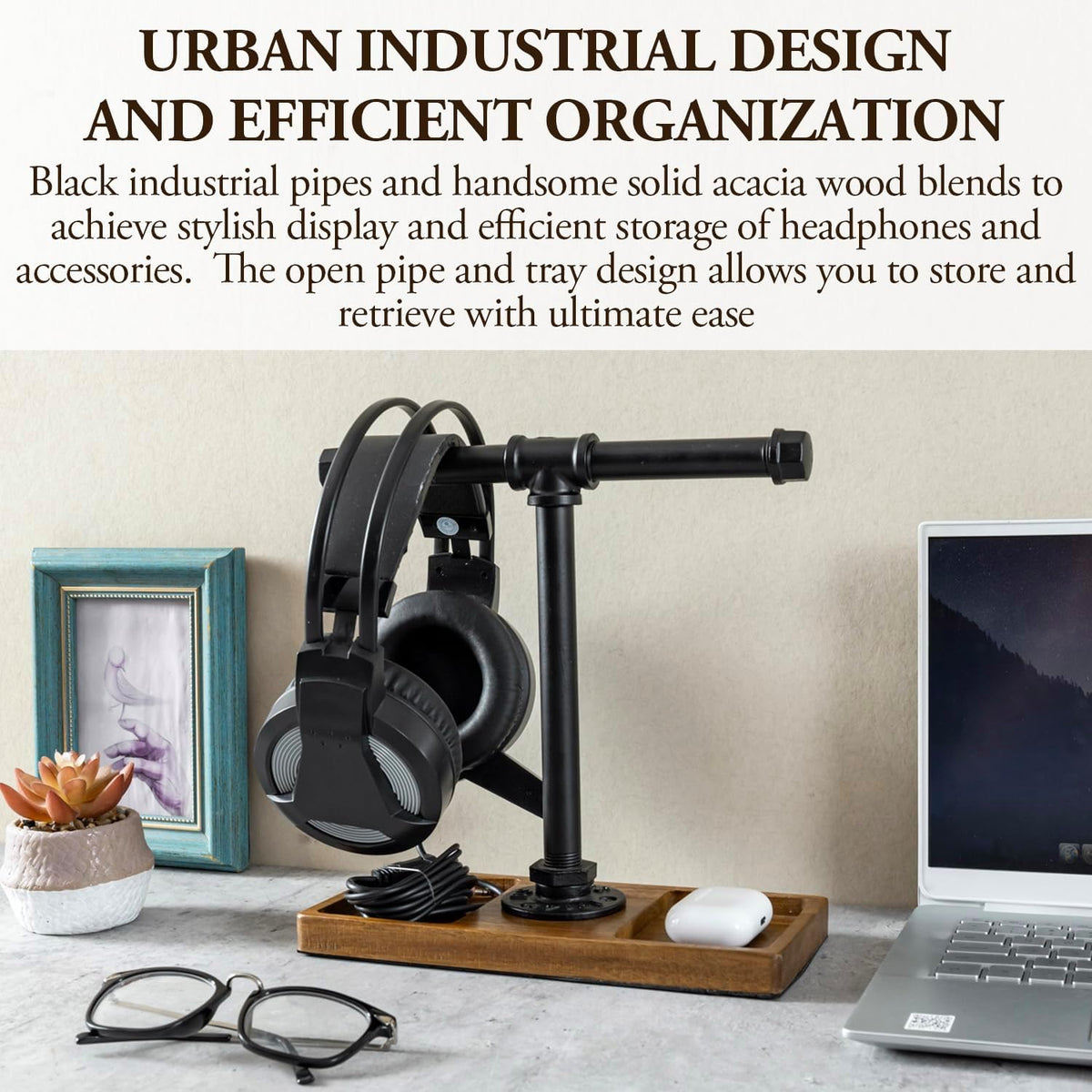 MyGift Premium Acacia Solid Wood and Industrial Black Metal Pipe T-Bar Over E...