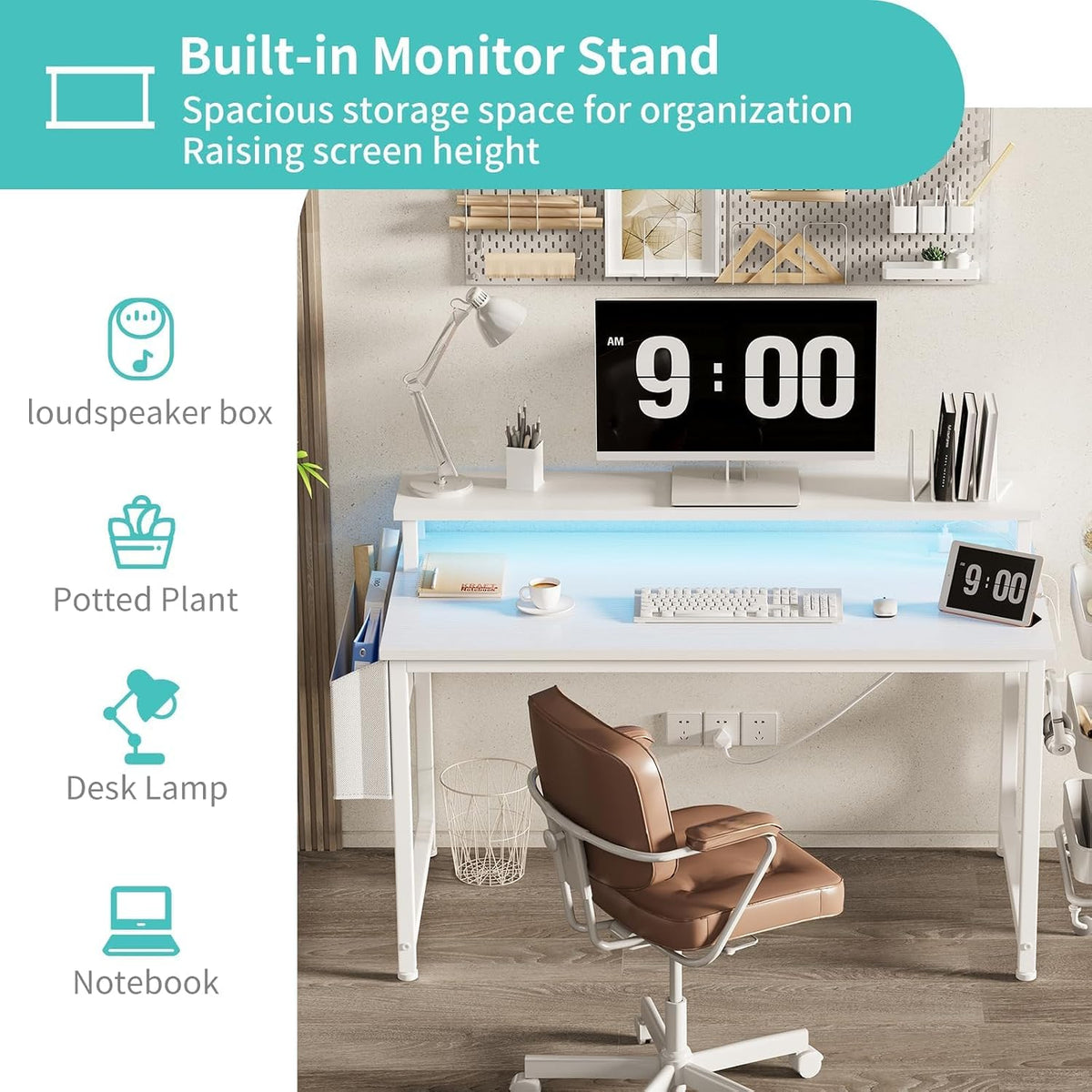 Lufeiya White Computer Desk with LED Lights and Power Outlets, 40 Inch Home O...