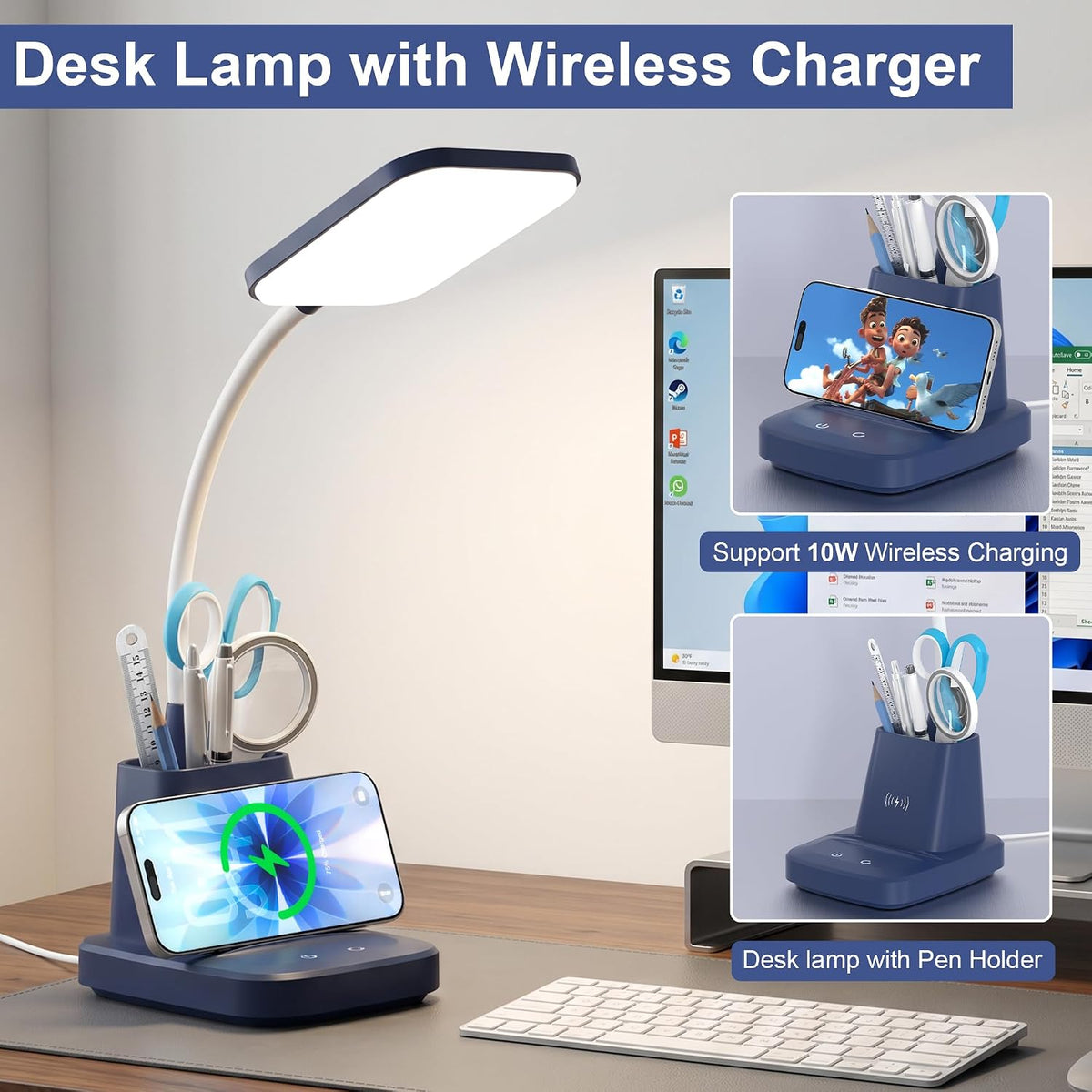 LED Desk Lamp with 10W Wireless Charging & Pen Holder, Navy Blue
