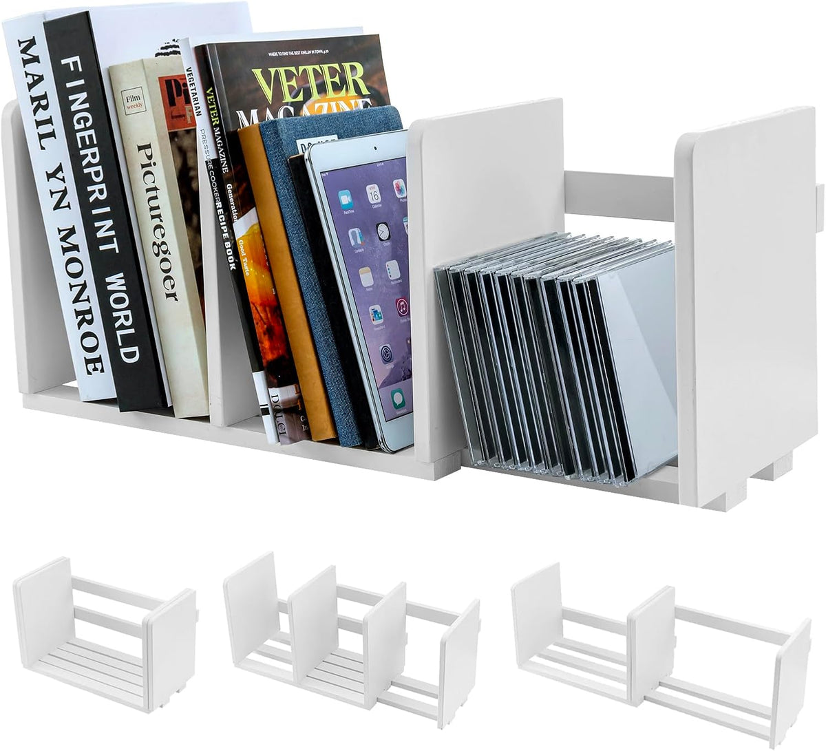 MyGift White Wood Desktop Bookshelf Organizer, Expandable Adjustable Rack