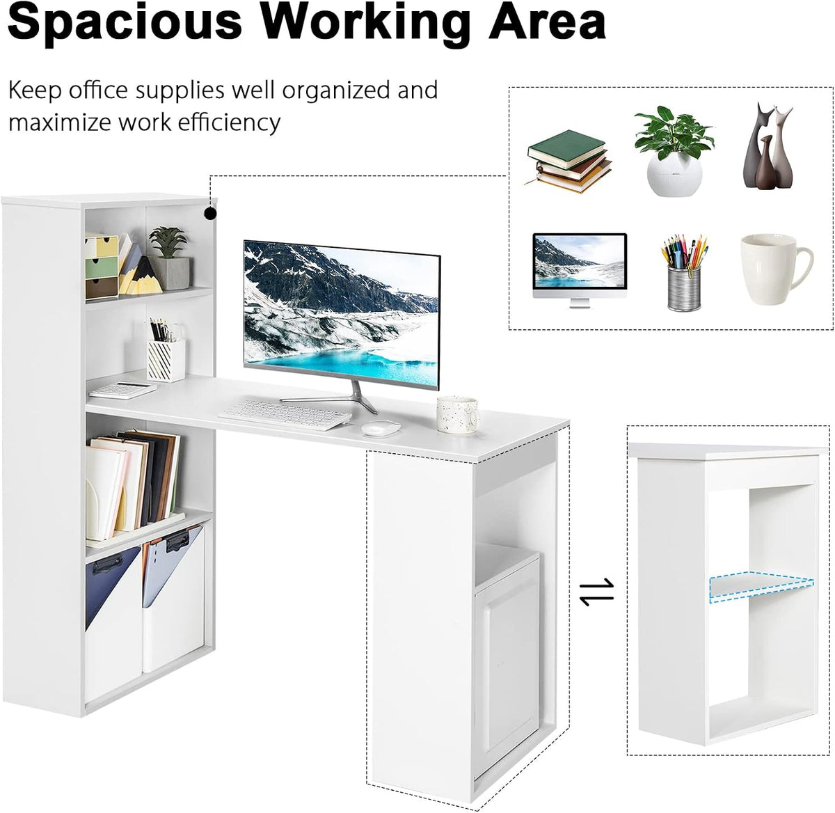 Tangkula White Computer Desk with Bookshelf, Writing Study Desk with Storage ...
