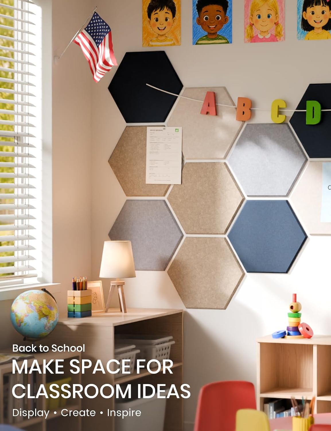 Fluxynara 12-Pack Hexagon Felt Bulletin Board Tiles, Nordic Slate-1