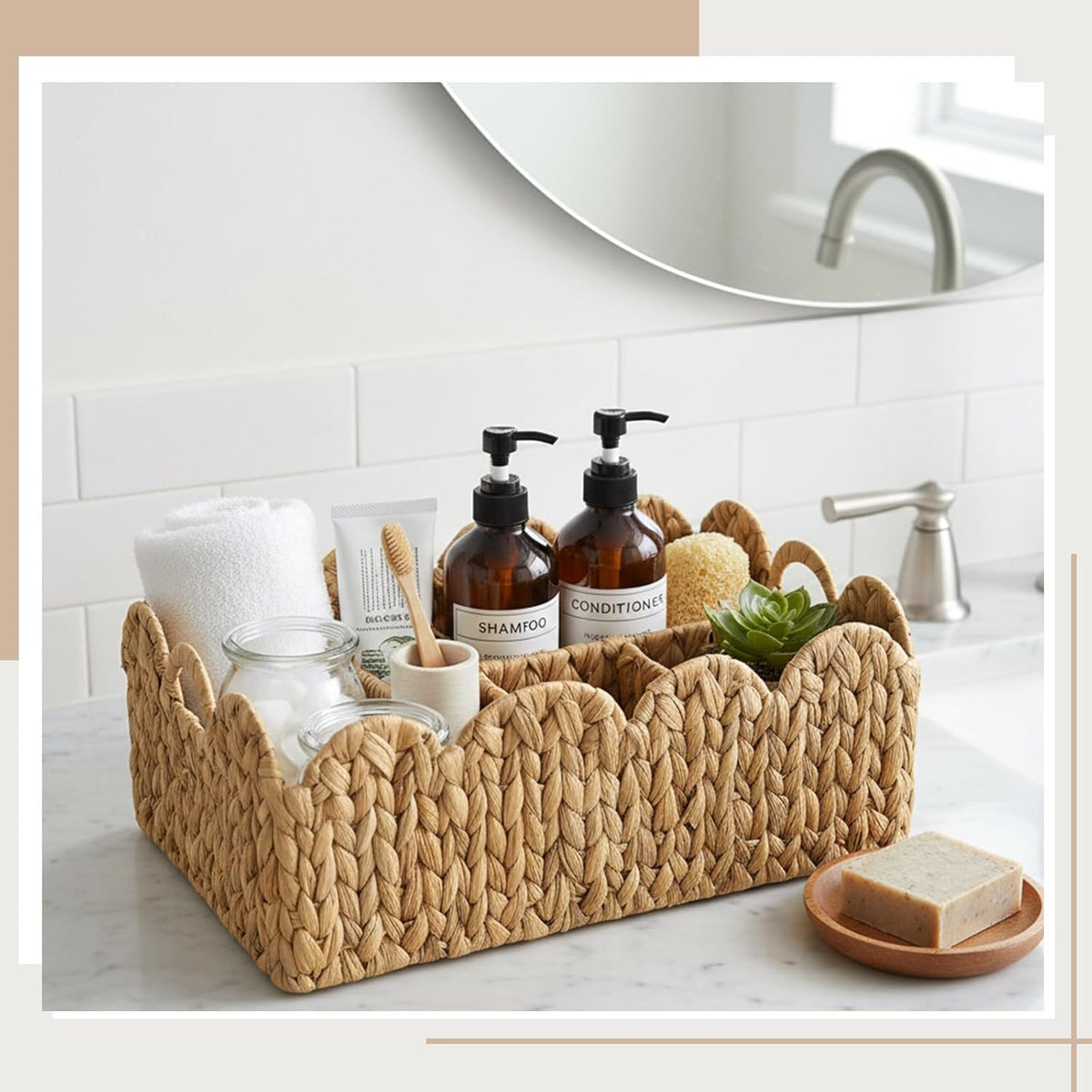 Scalloped Wicker Basket, 4-Section, Natural, Water Hyacinth