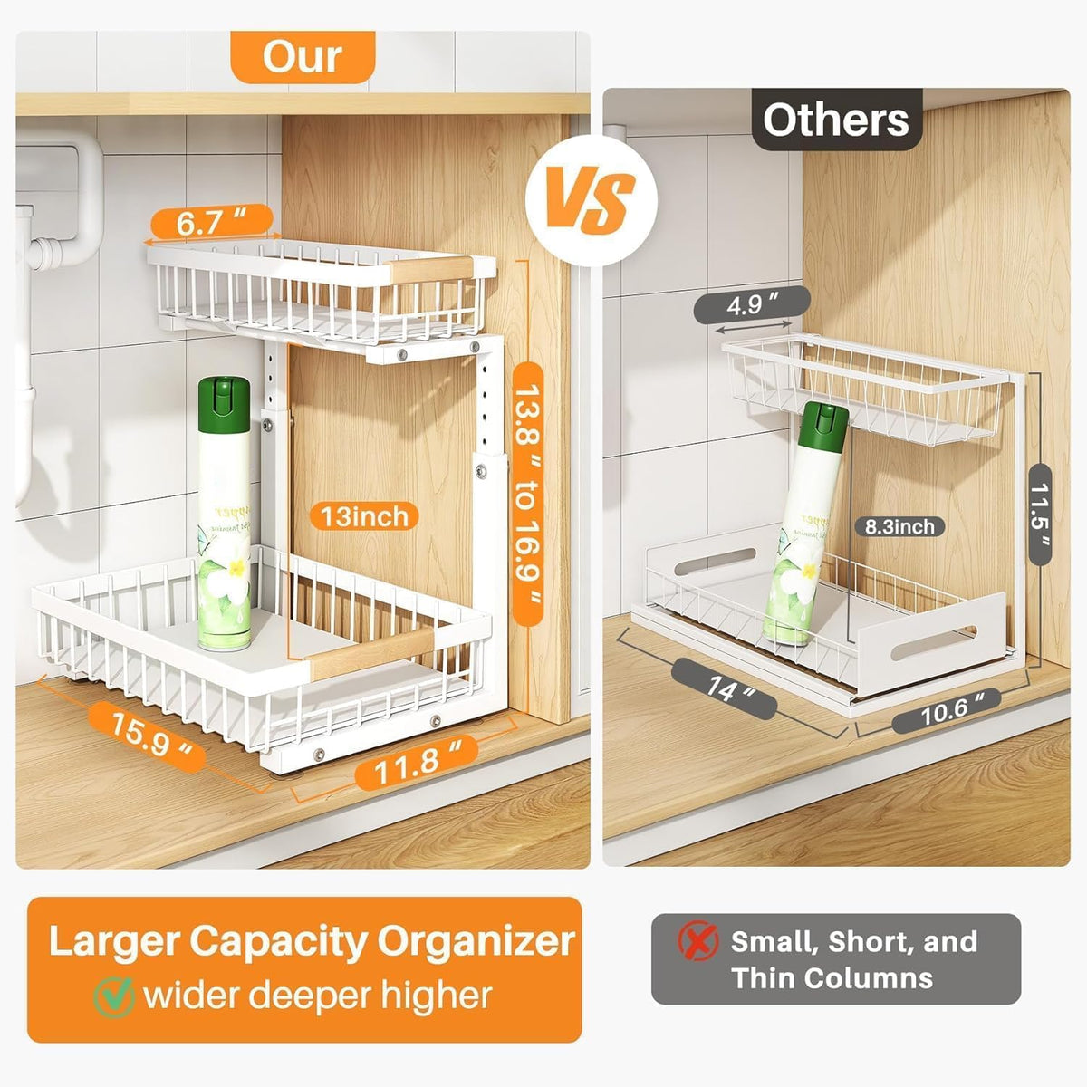 PXRACK Under Sink Organizer, Adjustable Height, 2 Tier Pull Out Under Cabinet...