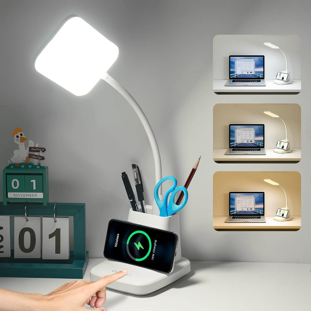 LED Desk Lamp with 10W Wireless Charging & Pen Holder, Snow White