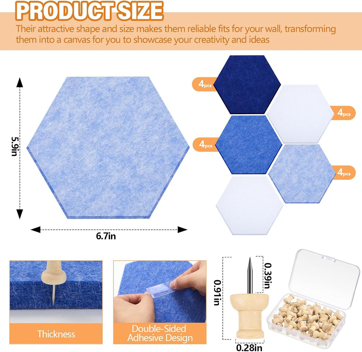 6.7 x 5.9 in 16 Pcs Hexagon Cork Board Tiles, Felt Pin Boards, Blue