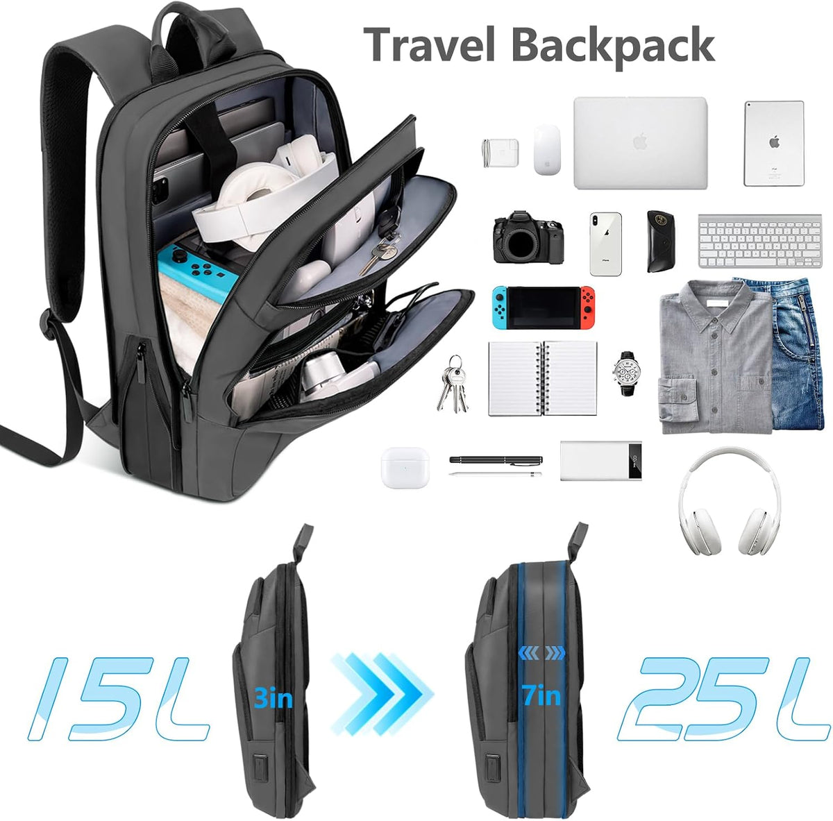 Backpack for Men Slim & Expandable Travel Laptop Backpack with USB Chargi...