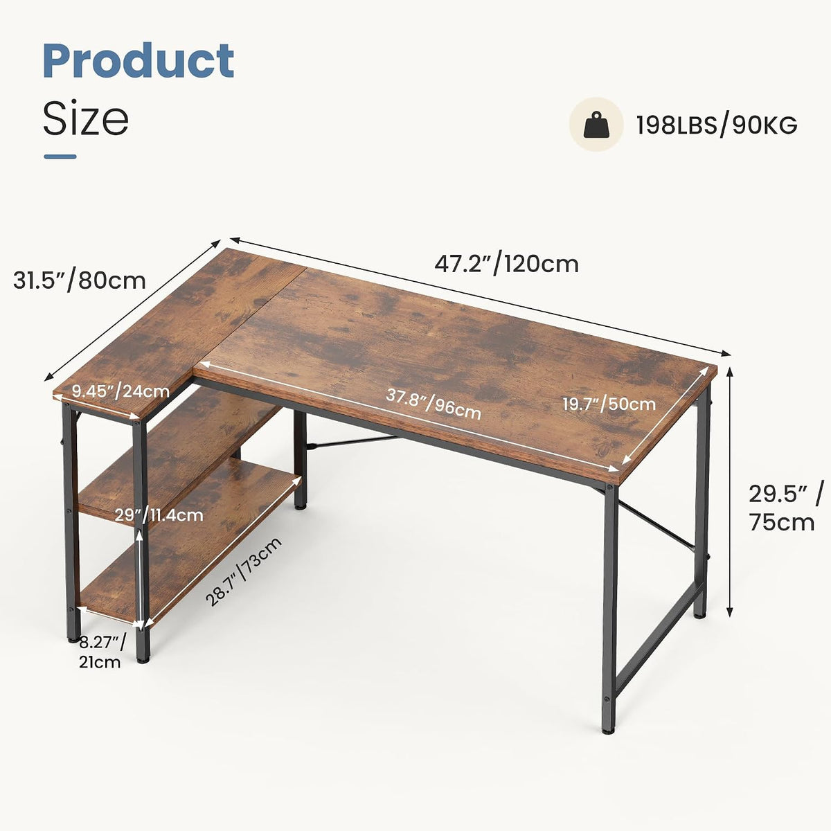 DUMOS 47" L Shaped Gaming Desk, Corner Desks with Storage Shelves, Brown