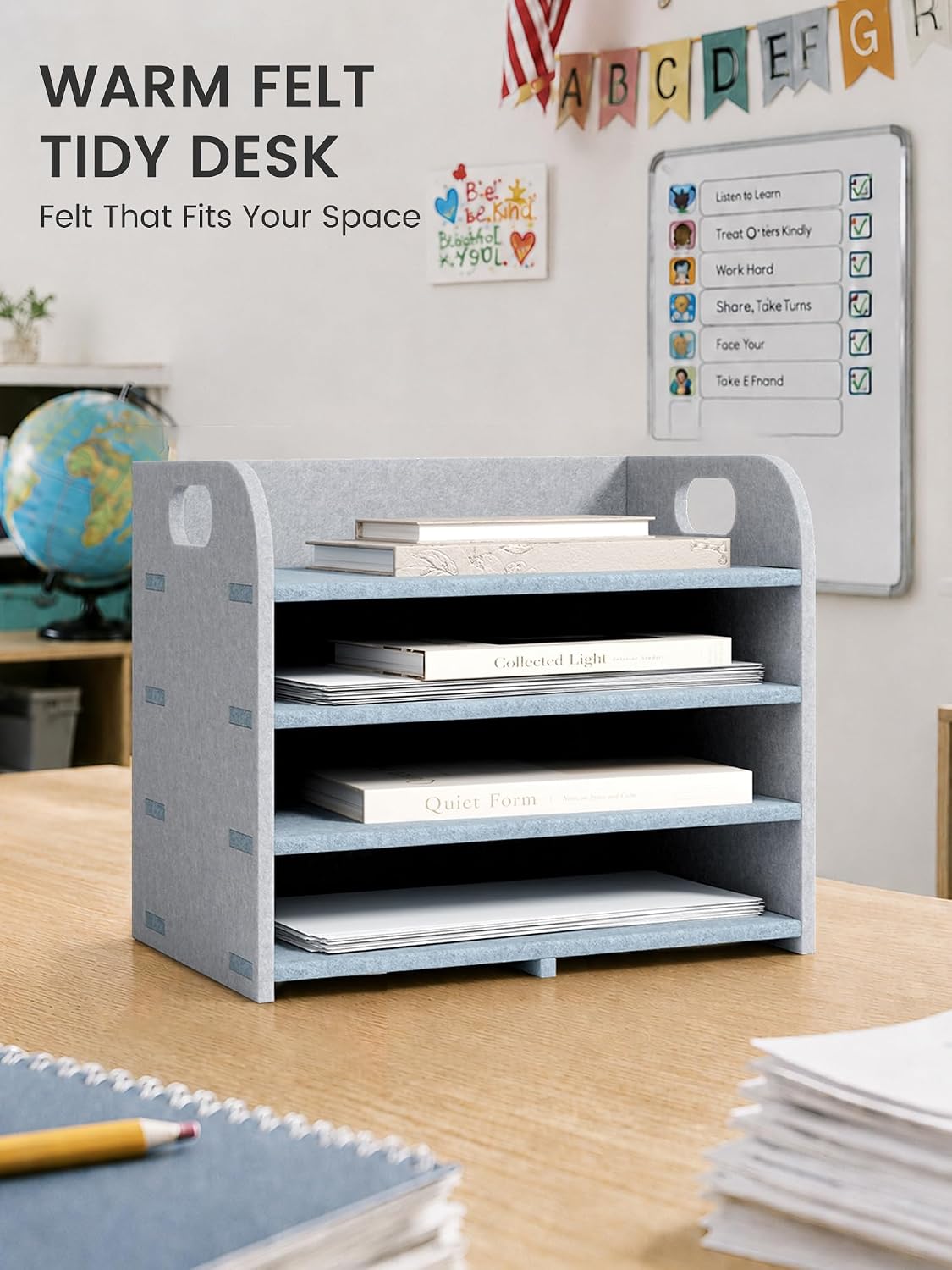 Fluxynara 4-Tier Felt File Organizer with Handles, Harbor Haze