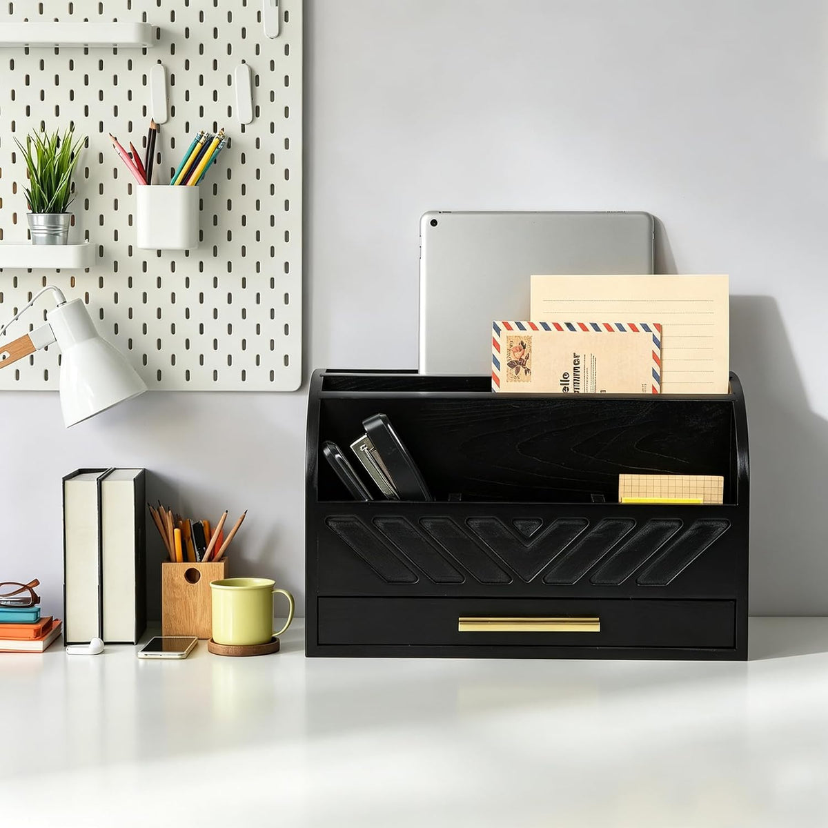 Wooden Desk Organizer with Drawer, Rustic Mail Holder & Office Storage