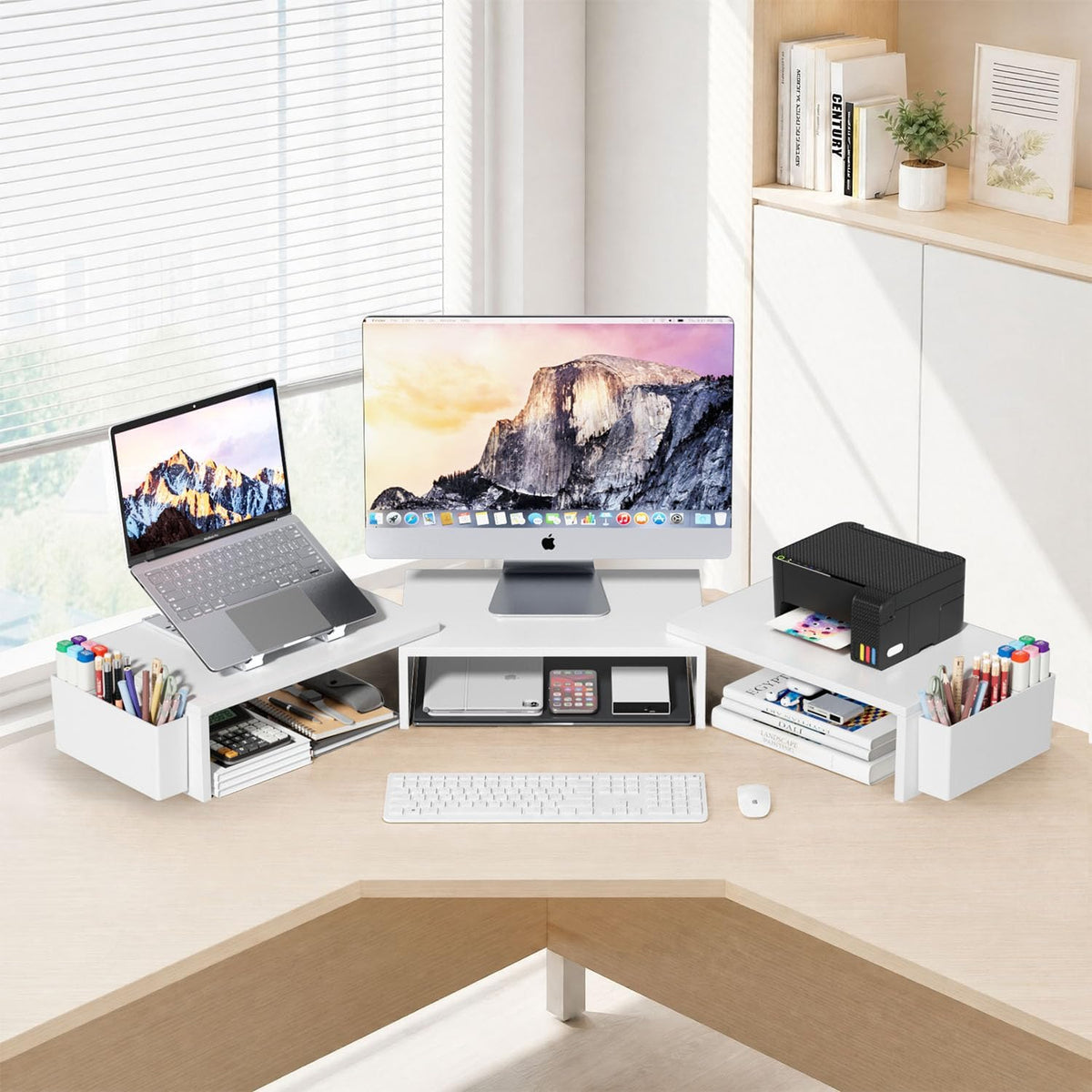 AUPSEN Dual Monitor Stand Riser with 2 Pen Holders, Desk Organizer, White