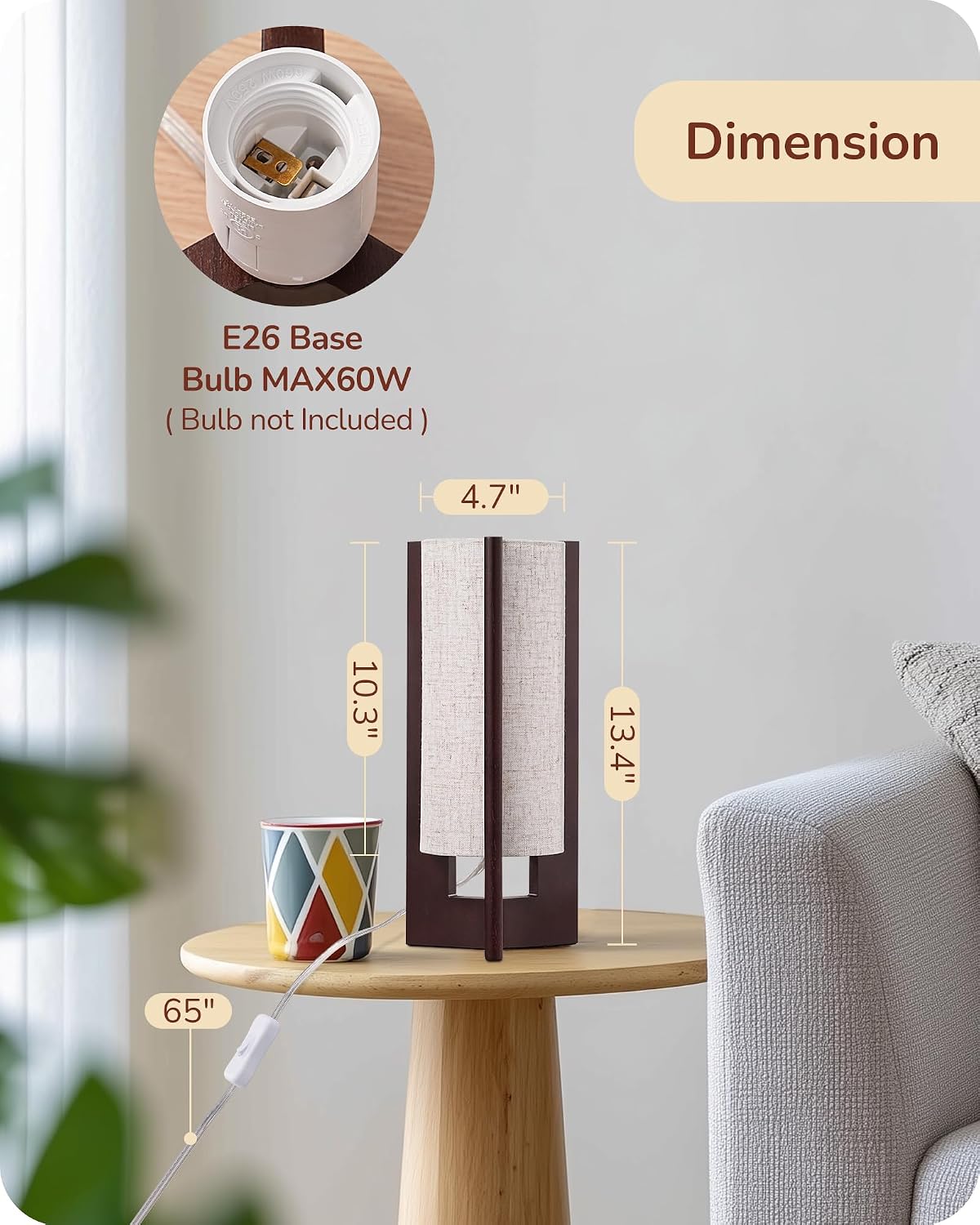 EDISHINE Wood Table Lamp, 13.5" Small Bedside Lamp, Rosewood, E26 Base