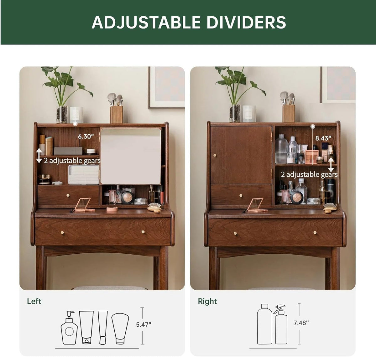 Small Vanity Desk with Mirror, Solid Wood Dressing Table, Movable Drawer Divi...