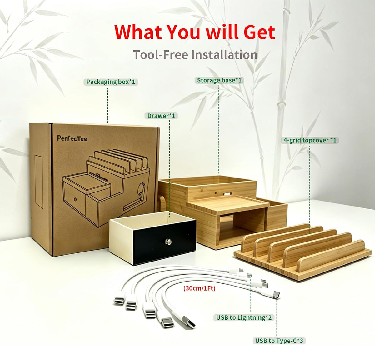 Bamboo Charging Station Organizer with Drawer and Pen Holder