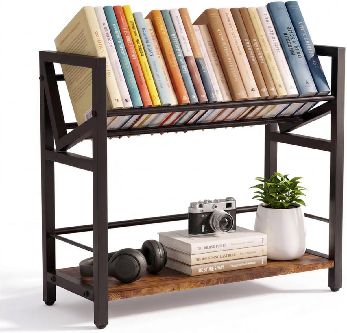 2-Tier Desktop Bookshelf, Office Desk Shelf Organizer, Slanted Book Rack