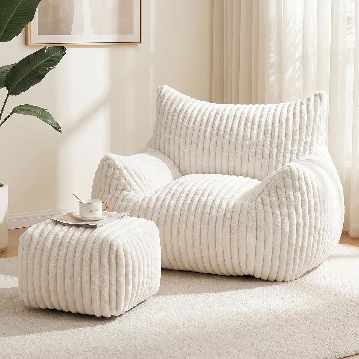 WSOFRLAC Giant Plush Bean Bag Chairs, Cozy Fluffy Single Cloud Couch, White