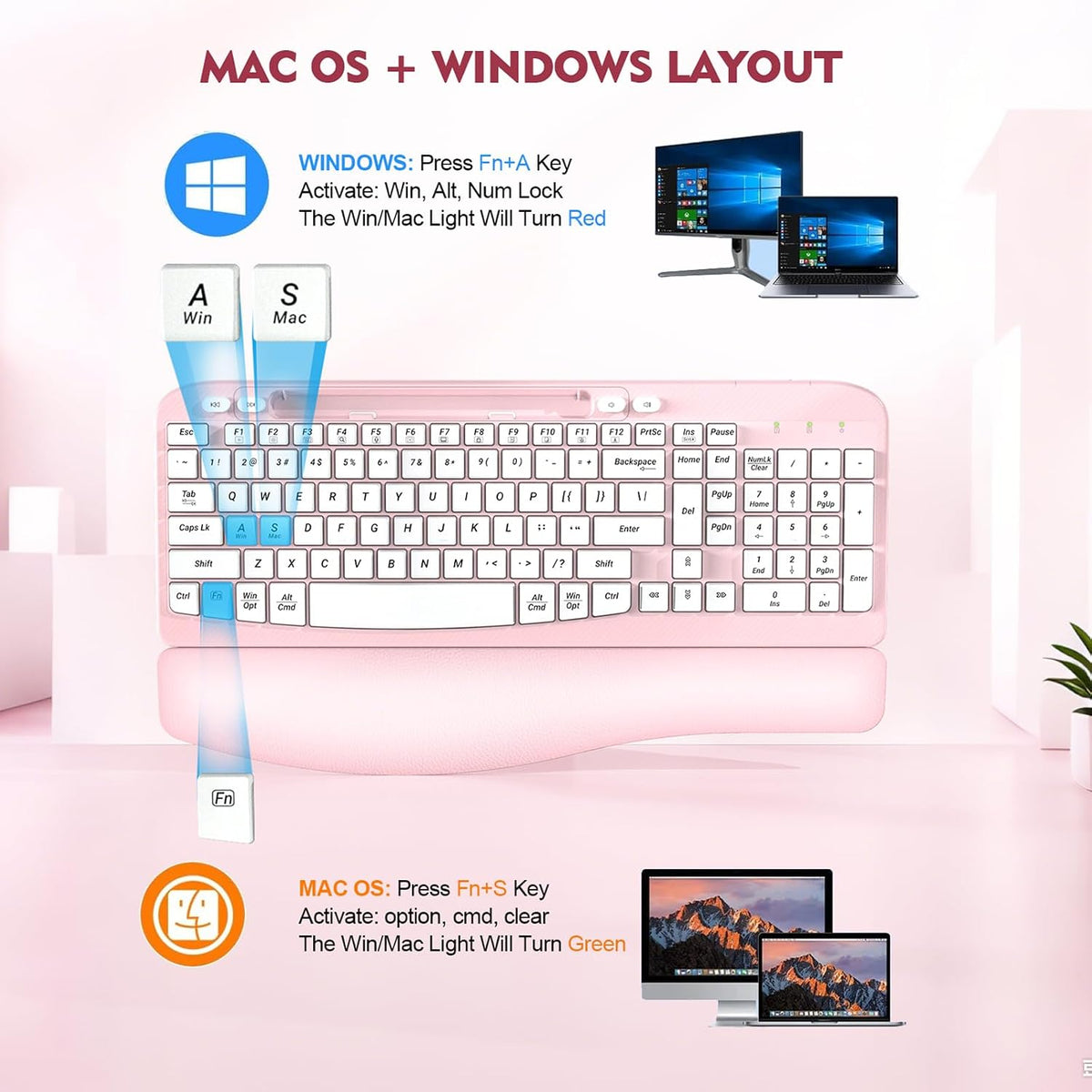 EAYBLLY 2.4G Wireless Ergonomic Keyboard, Full Size Wave Keys with Memory Foa...