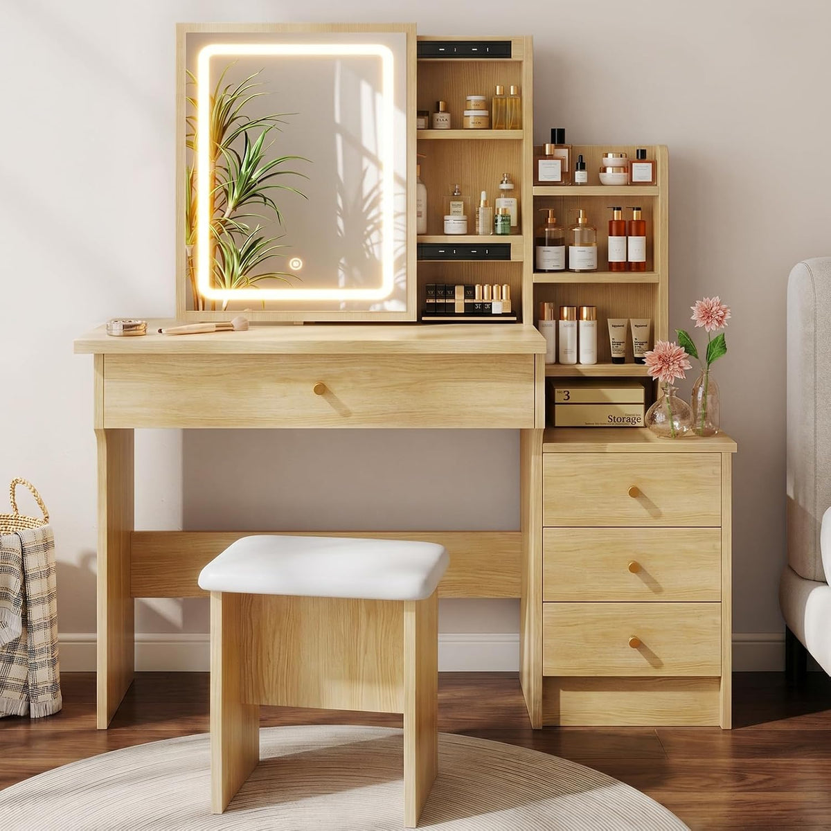 Memobarco Wood Makeup Vanity Desk with Sliding Mirror & 4 Drawers