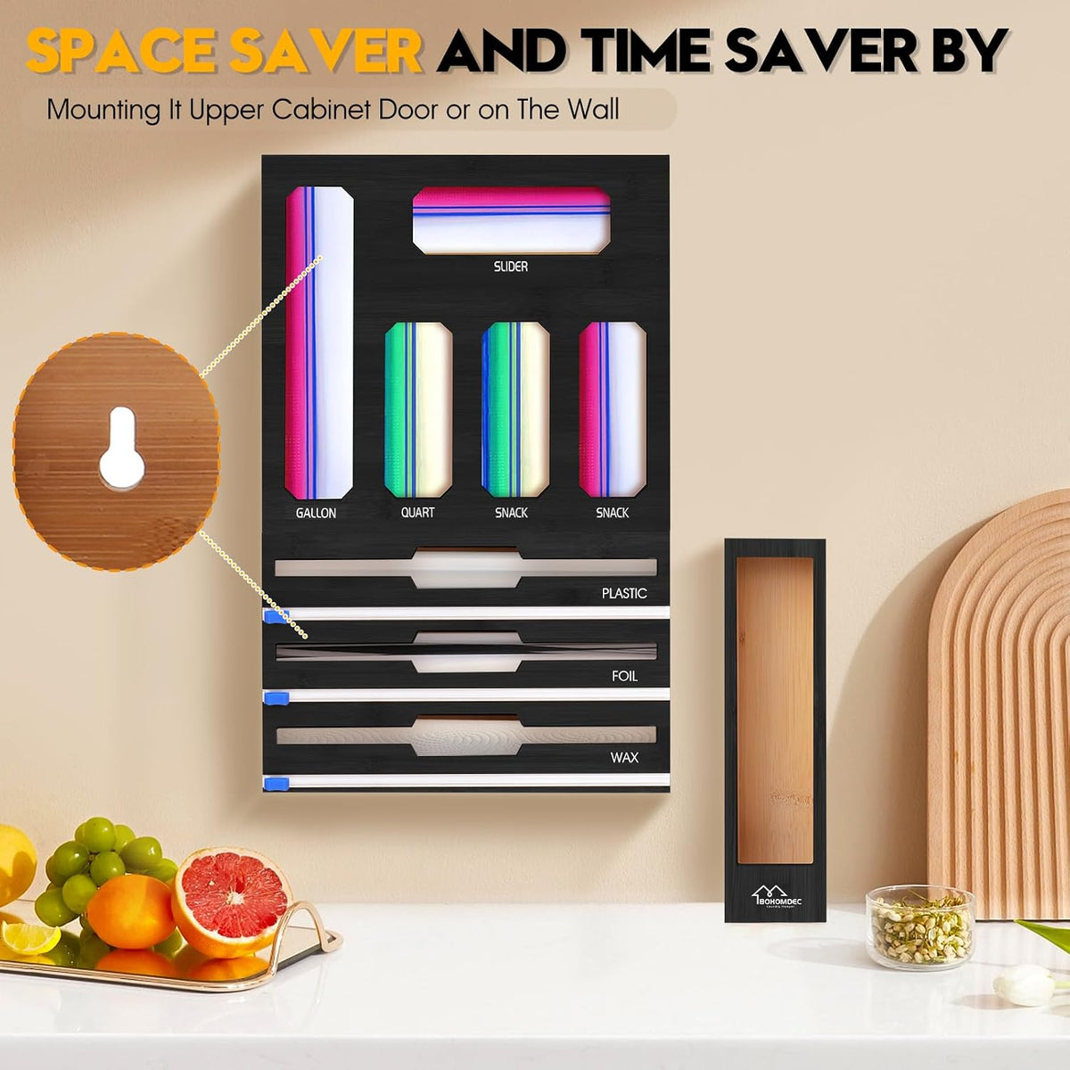 9 in 1 Foil and Plastic Wrap Dispenser with Cutter, Black Bamboo Ziplock Bag ...
