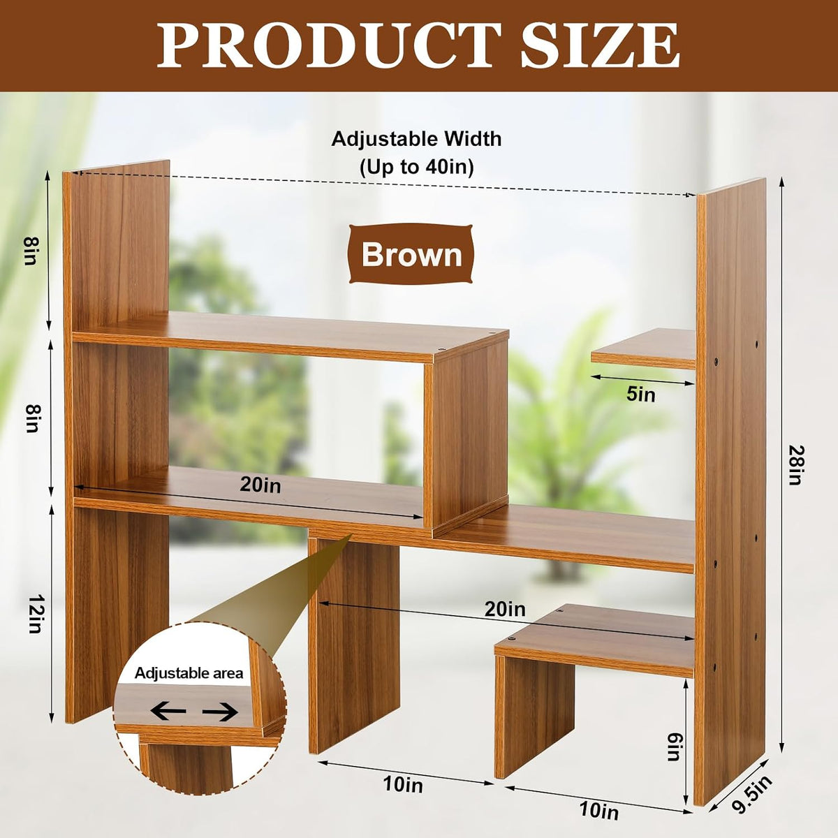 Briwooody Expandable Dorm Desk Hutch Adjustable Desktop Bookshelf,Brown