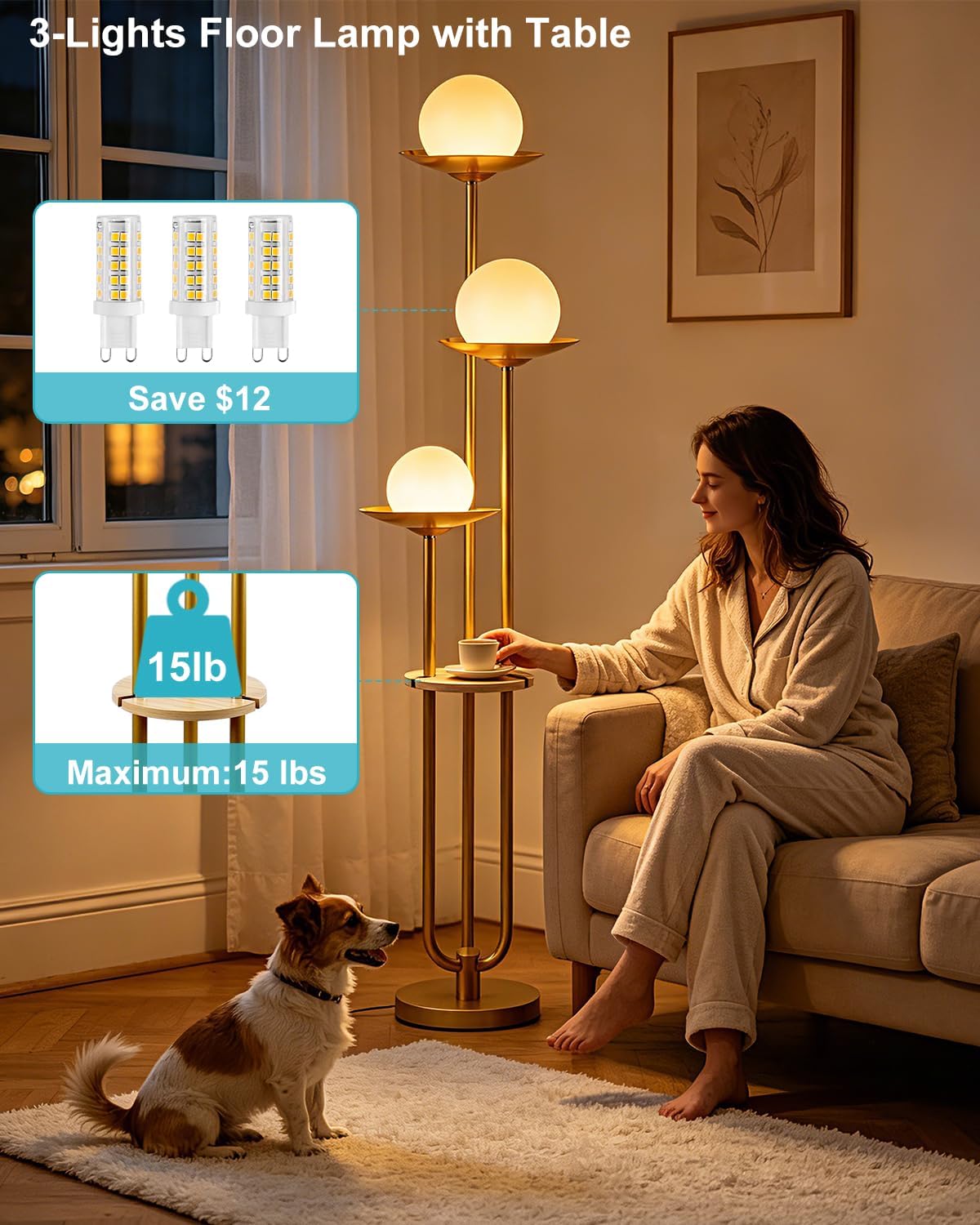 Lightdot Globe Floor Lamp with Table 3-Lights Modern Dimmable Floor Lamps for...