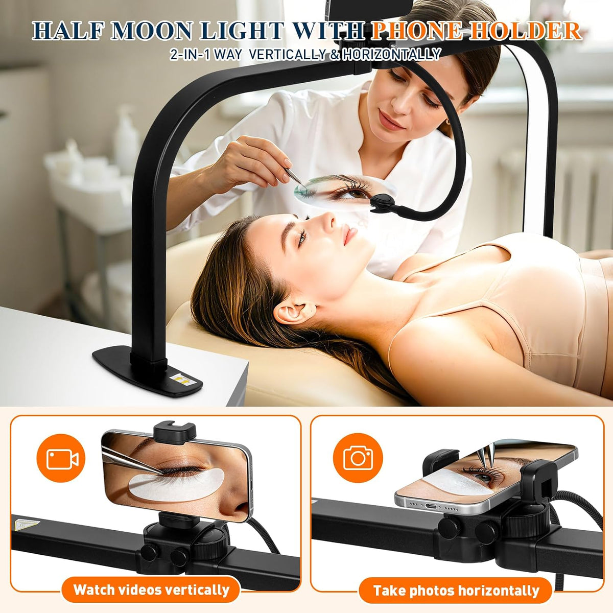 Half Moon Nail Light for Desk with 5X Magnifier & Phone Holder
